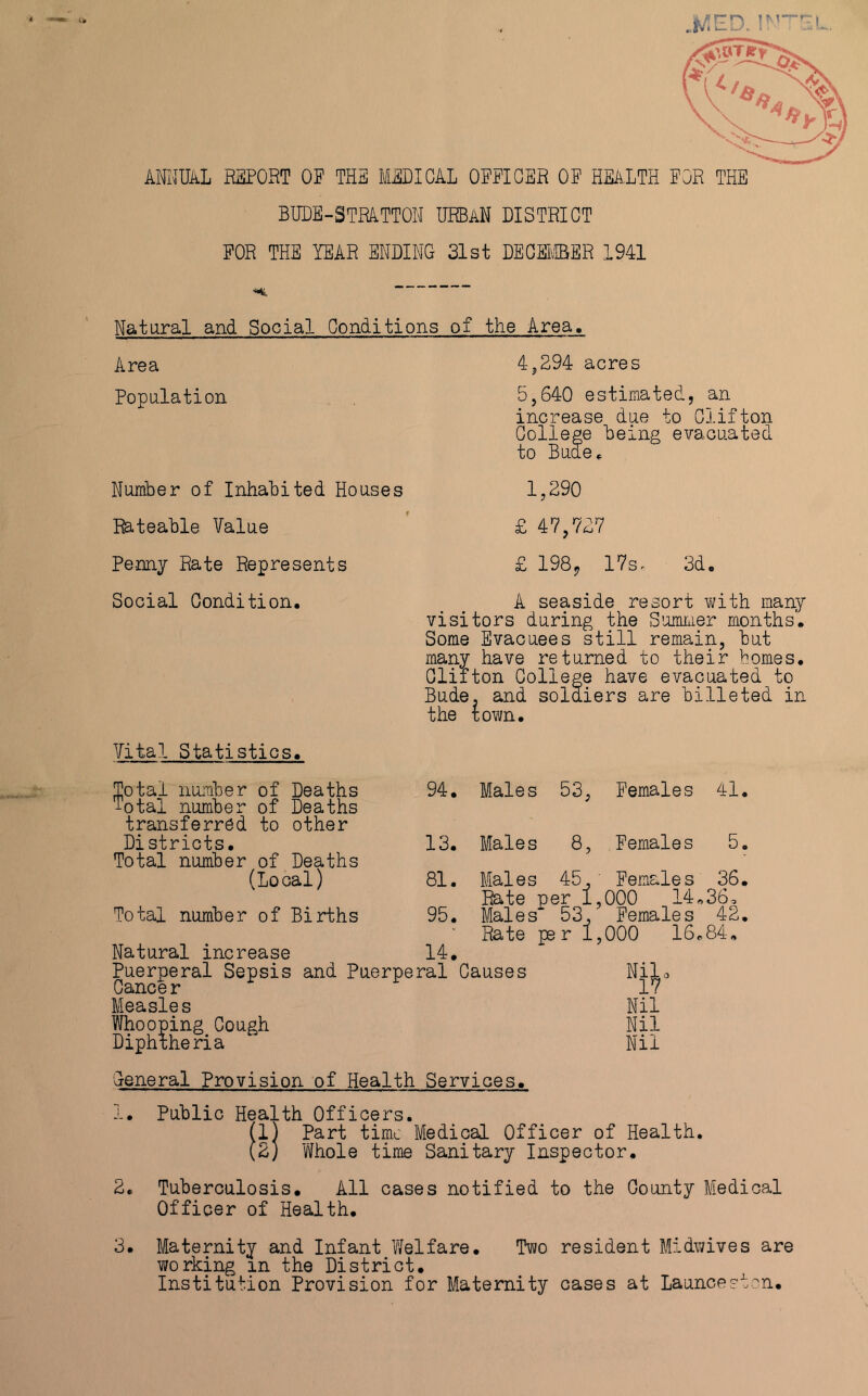 ANNUAL IHPORT OF THE MEDICAL OFFICER OF HEALTH FOR THE BUDE-STRATTOH URBAN DISTRICT FOR THE YEAR ENDING 31st DECEiffiER 1941 Natural and Social Conditions of the Area, Area 4^294 acres Population 5,640 estimated, an increase due to Clifton College being evacuated to Bude^ Number of Inhabited Houses I Eateable Value Penny Rate Represents Social Condition, 1,290 £ 47,727 £ 198, 17s. 3do A seaside resort with many visitors during the Sumiiier months. Some Evacuees still remain, but many have returned to their homes, Clifton College have evacuated to Bude. and soldiers are billeted in the town. Vital Statistics, Total number of Deaths Total number of Deaths transferred to other Districts, Total number of Deaths (Local) Total number of Births 94, 13, 81, 95, 14. Natural increase Puerperal Sepsis and Puerperal Causes Cance r Measles Whooping Cough Diphtheria 'general Provision of Health Services. Males 53, Females 41, Males 8, Females 5. Males 45,' Females 36. I^te per 1,000 14«36, Males 53, Females 42. Rate per 1,000 i6^84, “it Nil Nil Nil Public Health Officers. .1) Part time Medical Officer of Health. '2) Whole time Sanitary Inspector, Tuberculosis. All cases notified to the County Medical Officer of Health. 3. Maternity and Infant Welfare. Two resident Midwives are working in the District. Institution Provision for Maternity cases at Launceston.