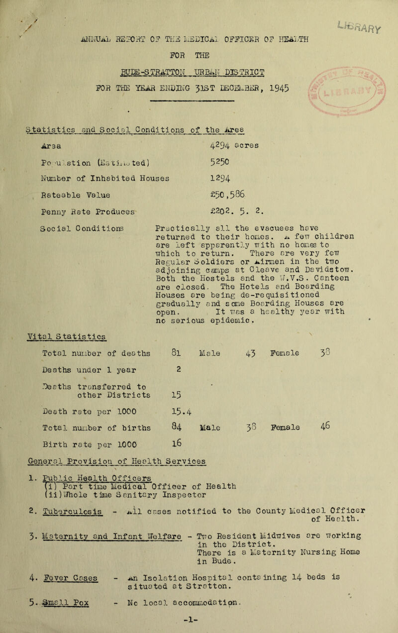 AMITUAL REPOl^T OF THE luEDTCAl OFFICER OF HmLTH J-t), FOR THE BUDE -S TRATTON jjbBAN D3S TR10 T FOR THE YEAR ENDING 333T IEOEii.xBER, 1945 Statistics and Social Conditions of the iijes Araa 4^94 seres Po 'Uletion (Estliic*ted) 5^50 Nunber of Inhebited Houses 1294 Rateable Value ^^50,586 Penny Rate Produces £2o2. 9* 2. Social Conditions Practically ell the evacuees have returned to their hom.es, -tj, fen children are left apparently vjith no hom® to which to return. There are very few Regular Soldiers or i^irmen in the two adjoining ceffiips st Cleave and Davidsto?/. Both the Hostels and the ll.V.3. Canteen are closed. The Hote3-s and Boarding Houses ore being de-requisitioned gradually and seme Boarding Houses are open. It was a healthy year with no serious epidemic. Vital Statistics Total number of deaths 8l Male 43 Pena le 38 Deaths under 1 year 2 Deaths transferred to other Districts 15 Death rate per 1000 15.4 Total number of births 84 Male 38 Female 46 Birth rate per 1000 16 General Provision of Health Services 1. Public Health Officers Ti) Part time Medical Officer of Health (ii)'iThole time Sanitary Inspector 2. Tuberculosis - i».il cases notified to the County Medical Officer of Health. 3. Maternity and Infant ITelfare - Two Resident Midwives are working in the District, There is a Maternity Nursing Home in Bude. 4* Fever Cases MJi Isolation Hospital containing 14 beds is situated at Stratton. 5. ■Small Pox No local accommodation. -1-