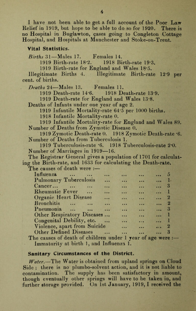 I have not been able to get a full account of the Poor Law Relief in 1919, but hope to be able to do so for 1920. There is no Hospital in Buglawton, ^ases going to Congleton Cottage Hospital, and Hospitals at Manchester and Stoke-on-Trent. Vital Statistics. Births 31—Males 17. Females 14. 1919 Birth-rate 18*2. 1918 Birth-rate 19‘3, 1919 Birth-rate for England and Wales 18-5. Illegitimate Births 4. Illegitimate Birth-rate 12*9 per cent, of births. Deaths 24—Males 13. Females 11. 1919 Death-rate 14-6. 1918 Death-rate 13*9. 1919 Death-rate for England and Wales 13*8. Deaths of Infants under one year of age 2. 1919 Infantile Mortality-rate 64*5 per 1000 births. 1918 Infantile Mortality-rate 0. 1919 Infantile Mortality-rate for England and Wales 89. Number of Deaths from Zymotic Disease 0. 1919 Zymotic Death-rate 0. 1918 Zymotic Death-rate *6. Number of Deaths from Tuberculosis 1. 1919 Tuberculosis-rate *6. 1918 Tuberculosis-rate 2*0. Number of Marriages in 1919—16. The Registrar General gives a population of 1701 for calculat- ing the Birth-rate, and 1633 for calculating the Death-rate, The causes of death were :— Influenza ... ... ... ... ... ... 5 Pulmonary Tuberculosis ... ... ... ... L Cancer... ... ... ... ... ... ... 3 Rheumatic Fever ... ... ... ... ... 1 Organic Heart Disease ... ... ... ... 2 Bronchitis ... ... ... ... ... ... 2 Pneumonia ... ... ... ... ... ... 3 Other Respiratory Diseases ... ... ... ... 1 Congenital Debility, etc. ... ... ... ... 1 Violence, apart from Suicide ... ... ... 2 Other Defined Diseases ... ... ... ... 3 The causes of death of children under 1 year of age were :— Immaturity at birth 1, and Influenza 1. Sanitary Circumstances of the District. Water.—The Water is obtained from upland springs on Cloud Side ; there is no plumbo-solvent action, and it is not liable to contamination. The supply has been satisfactory in amount, though eventually other springs will have to be taken in, and further storage provided. On 1st January, 1919,1 received the