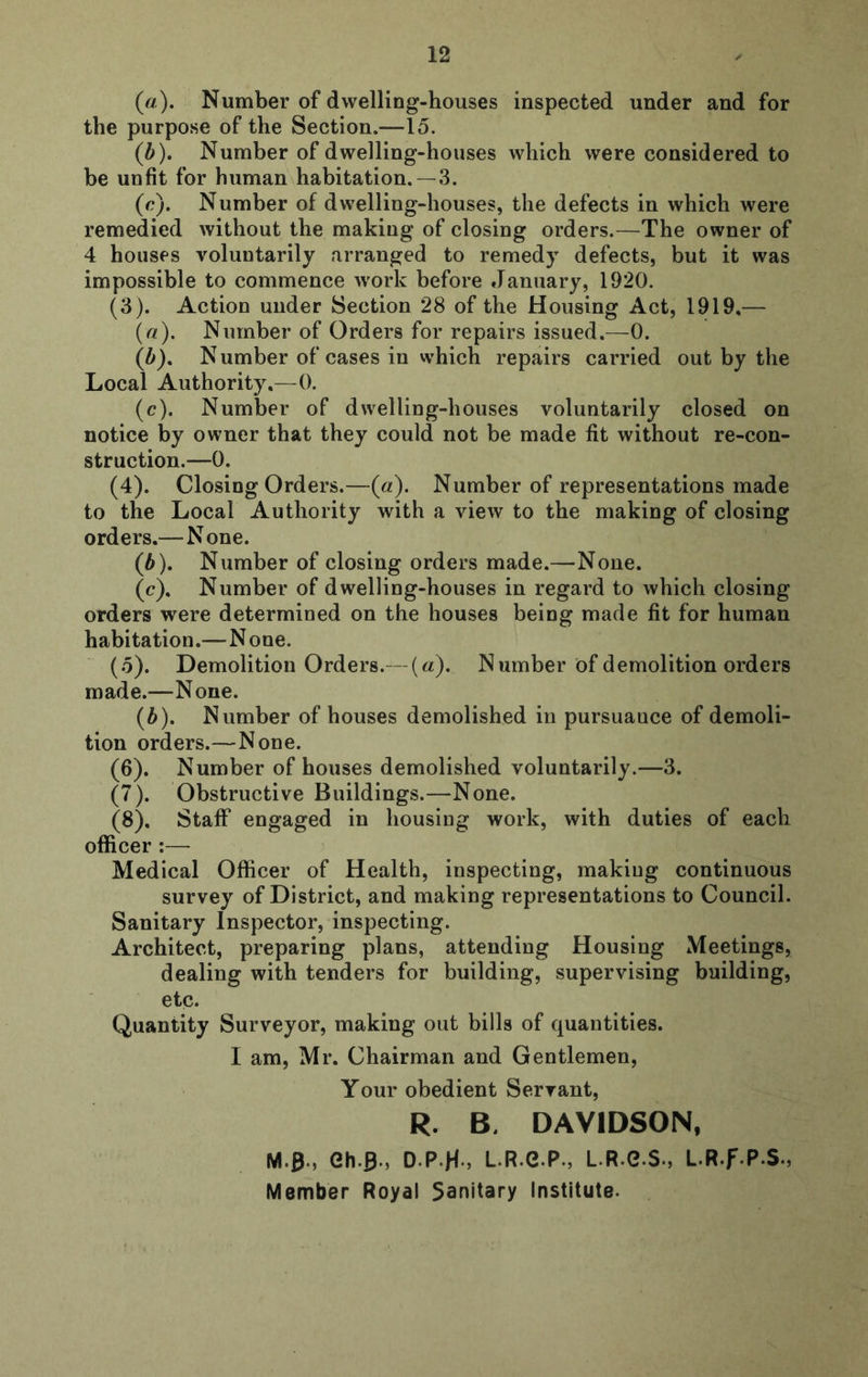 (a) . Number of dwelling-houses inspected under and for the purpose of the Section.—lo. (b) . Number of dwelling-houses which were considered to be unfit for human habitation.—3. (c) . Number of dwelling-houses, the defects in which were remedied without the making of closing orders.—The owner of 4 houses voluntarily arranged to remedy defects, but it was impossible to commence work before January, 1920. (3) . Action under Section 28 of the Housing Act, 1919,— (a) . Number of Orders for repairs issued.—0. (b) , N umber of cases in vvhich repairs carried out by the Local Authority.—0. (c) . Number of dwelling-houses voluntarily closed on notice by owner that they could not be made fit without re-con- struction.—0. (4) . Closing Orders.—(«). Number of representations made to the Local Authority with a view to the making of closing orders.—None. (b) . Number of closing orders made.—None. (c) . Number of dwelling-houses in regard to which closing orders were determined on the houses being made fit for human habitation.—None. (5) . Demolition Orders.— {a). Number of demolition orders made.—None. (b). Number of houses demolished in pursuance of demoli- tion orders.—None. (6) . Number of houses demolished voluntarily.—3. (7) . Obstructive Buildings.—None. (8) . Staff engaged in housing work, with duties of each officer :— Medical Officer of Health, inspecting, making continuous survey of District, and making representations to Council. Sanitary Inspector, inspecting. Architect, preparing plans, attending Housing Meetings, dealing with tenders for building, supervising building, etc. Quantity Surveyor, making out bills of quantities. I am, Mr. Chairman and Gentlemen, Your obedient Servant, R. B. DAVIDSON, M.3., eh.B., D.P.H«, LR.e.P., L.R.e.S., LR.f.P.S., Member Royal Sanitary Institute.