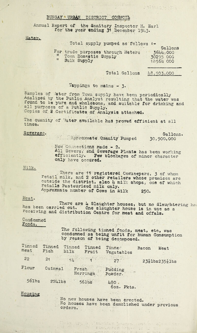 BUNGAY - urban DISTRICT;'^ Annual Report of Sanitary Inspe-otor H. Earl for’the yeaending 31,,3^<ecember 19U3. , Total supply pumped asTollowa «*•  ' Oallona For trade pUrposea throu^'h Meters ‘ 3644;000 ” Town DomfsatiO Supply 30295 000 ” Bulk Supply 1li56U 000 Total Gallons US,503^000 Tappings to mains - 3. Samples of /ater from Towp supply have been periodically ^nalized by the Bubllc Analyst resulting that the water was lounu to be pure and wholesome;,,,,and. suitable for drinking and all purposes of a Public Supply. Copies of 2 .Certificatea, Of .Analy,eia attached. 1 y , * The Quanity of 7ater available has proved’ efficient at all times. .,■■■ = , Gallons. - - ■ •---1:Approy.mateli^uanlty' j>ump ed 30,900,000 New''Connections made » 2. All 'Sewersy and Sev/erage 3?lant» has been working efficiently. Few blockages of minor character only have occured. Milk. .There are 11 registered Cowkeepers, 3 of whom retail, milk, and 2 other retailers whose premises are outside the district, also h milk shops, one of which retails Pasteurised milk only. Approxmate number of Cows in Milk 250. Meat. , ^ There are i* Slaughter houses, but no Slaughtering h as been carried out. One slaughter house is in use as a receiving and distribution Centre for meat and offals. Condemned goods. ^ 'v'- ' The following tinned .foods, meat, etc, was condemmed as being unfit for human Consumption by reason of being deo.omposed.- Tinned Tinned Tinned meat Fish Milk Tinned Tinner’ Bacon Fruit Vegatables Meat 22 Flour 56lbs 21 ' ■ lh ^ ''i ' 2V' Oatmeal Fresh Pudding Herrings./ Powder. 22Ulbs 56lbs U80 . 6oz=.= Pkts. 23:|:lbs2353:lbs Housj^ng No new houses have been erected. No houses have been demolished under previous orders.