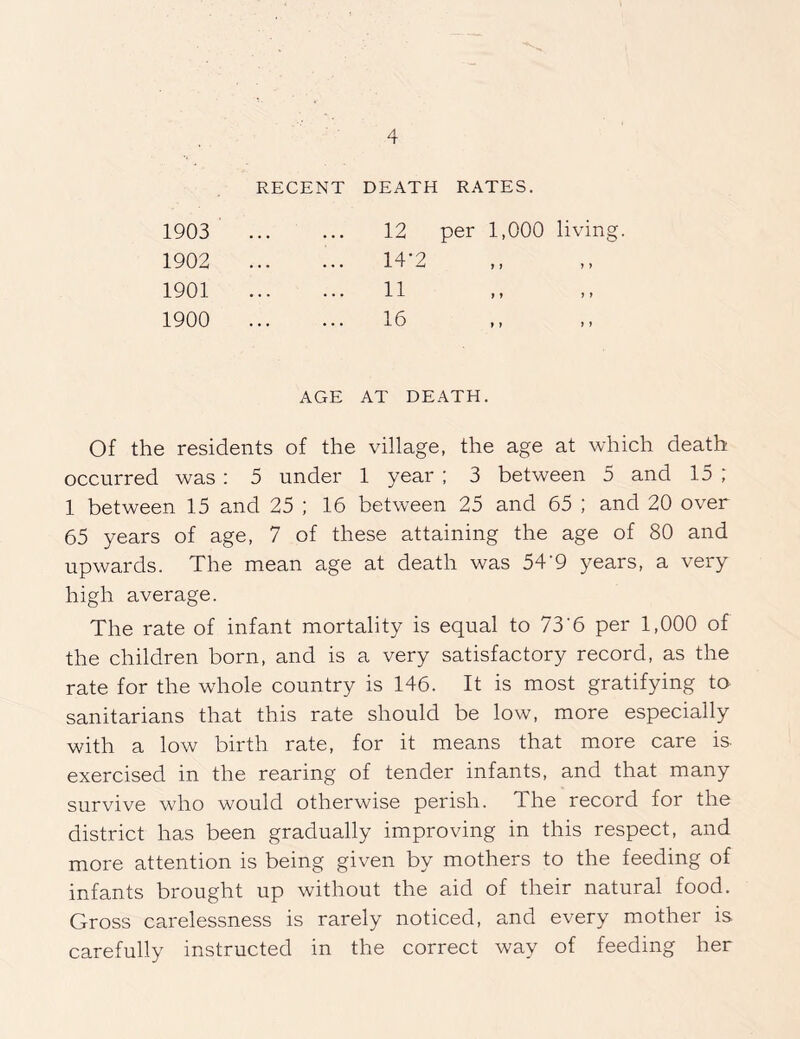 RECENT DEATH RATES. 1903 « • • • • • 12 per 1,000 living 1902 ... ... 14-2 1901 ... ... 11 1900 ... 16 ,, ,, AGE AT DEATH. Of the residents of the village, the age at which death occurred was : 5 under 1 year ; 3 between 5 and 15 ; 1 between 15 and 25 ; 16 between 25 and 65 ; and 20 over 65 years of age, 7 of these attaining the age of 80 and upwards. The mean age at death was 54’9 years, a very high average. The rate of infant mortality is equal to 73’6 per 1,000 of the children born, and is a very satisfactory record, as the rate for the whole country is 146. It is most gratifying to sanitarians that this rate should be low, more especially with a low birth rate, for it means that more care is- exercised in the rearing of tender infants, and that many survive who would otherwise perish. The record for the district has been gradually improving in this respect, and more attention is being given by mothers to the feeding of infants brought up without the aid of their natural food. Gross carelessness is rarely noticed, and every mother is carefully instructed in the correct way of feeding her