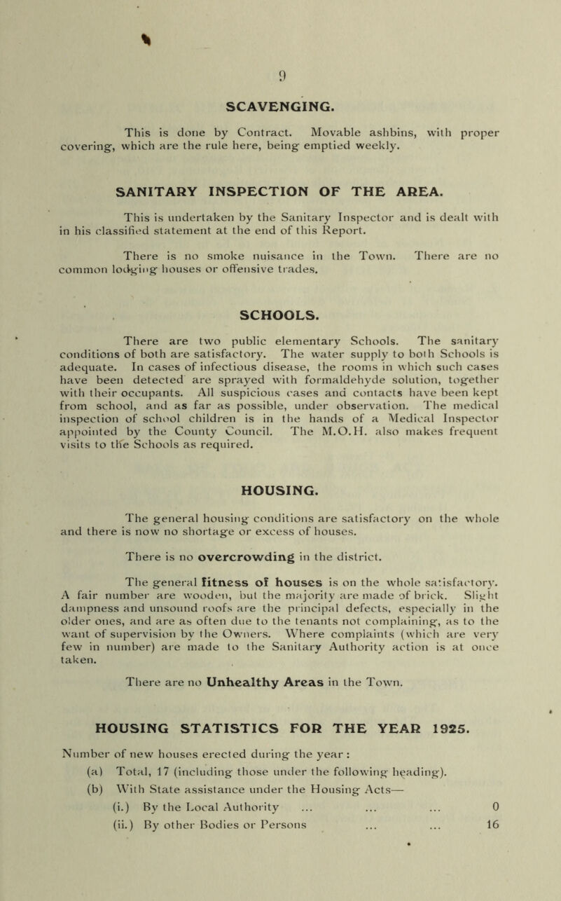 SCAVENGING. This is done by Contract. Movable ashbins, with proper covering, which are the rule here, being emptied weekly. SANITARY INSPECTION OF THE AREA. This is undertaken by the Sanitary Inspector and is dealt with in his classified statement at the end of this Report. There is no smoke nuisance in the Town. There are no common loctging houses or offensive trades. SCHOOLS. There are two public elementary Schools. The sanitary conditions of both are satisfactory. The water supply to both Schools is adequate. In cases of infectious disease, the rooms in which such cases have been detected are sprayed with formaldehyde solution, together with their occupants. All suspicious cases and contacts have been kept from school, and as far as possible, under observation. The medical inspection of school children is in the hands of a Medical Inspector appointed by the County Council. The M.O.H. also makes frequent visits to the Schools as required. HOUSING. The general housing conditions are satisfactory on the whole and there is now no shortage or excess of houses. There is no overcrowding in the district. The g-eneral fitness of houses is on the whole satisfactor)’. A fair number are wooden, but the majority are made of brick. Sliglit dampness and unsound roofs are the pi incipal defects, especially in the older ones, and are as often due to the tenants not complainings, as to the want of supervision by the Owaiers. Where complaints (which are very few in number) are made to the Sanitary Authority action is at once taken. There are no Unhealthy Areas in the Town. HOUSING STATISTICS FOR THE YEAR 1925. Number of new houses erected during the year : (a) Total, 17 (including those under the following heading). (b) With State assistance under the Housing Acts— (i.) By the Local Authority (ii.) By other Bodies or Persons 0 16
