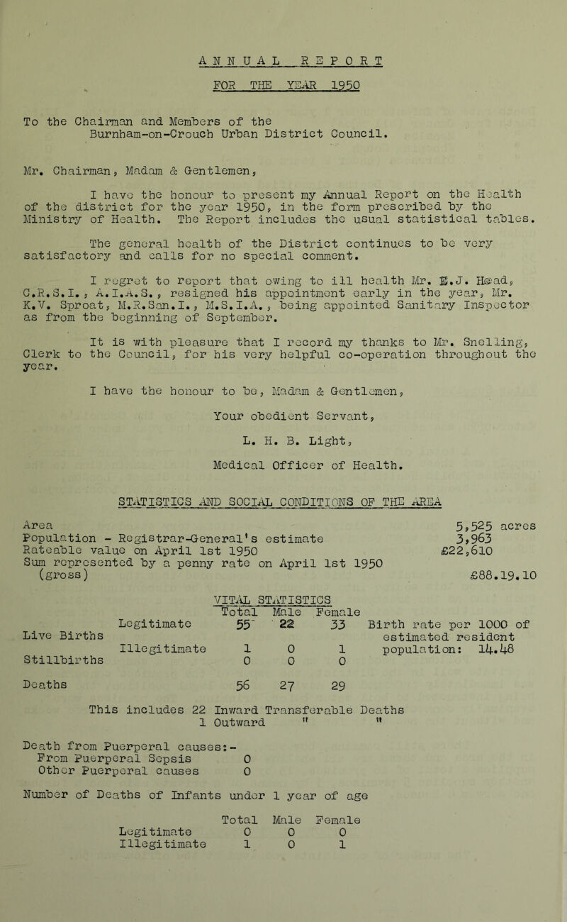 FOR THE YE.IR 1950 To the Chairman and Members of the Burnham-on-Crouch UrUan District Council, Mr, Chairmanj Madam & Gentlemen, I have the honour to present my Annual Report on the Health of the district for the year 1950? in the form prescribed by the Ministry of Health. The Report includes the usual statistical tables. The general health of the District continues to be very satisfactory smd calls for no special comment. I regret to report that owing to ill health Mr. ;i,J, He^adj C.R.C.I,s A.I.a.S,s resigned his appointment early in the yearj Mr. K.V. Sproatj M.R.San.I.j M.S.I.A,j being appointed Sanitary Inspector as from the beginning of September. It is with pleasure that I record my thanks to Mr. Snelling, Clerk to the Councilj for his very helpful co-operation throughout the year. I have the honour to bej Madam & Gentlemen? Your obedient Servant, L. H. 3. Light, Medical Officer of Health. STATISTICS x\ND SOCIAL CONDITIONS OF THE AREA Area Population - Registrar-General’s estimate Rateable value on April 1st 1950 Sum represented by a penny rate on April 1st 1950 (gross) 5,525 acres 3,963 £22,610 £88.19*10 VITAL STxiTISTICS Total Male Female Legitimate 55' ■ 2Z 33 Birth rate per 1000 of Live Births estimated resident Illegitimate 1 0 1 population: 14*48 Stillbirths 0 0 0 Deaths 56 27 29 This includes 22 Inv/ard T 'rans ferable Deaths 1 Outward u u Death from Puerperal causes;- From Puerperal Sepsis 0 Other Puerperal causes 0 Number of Deaths of Infants under 1 year of age Total Male Female 0 0 0 10 1 Legitimate Illegitimate