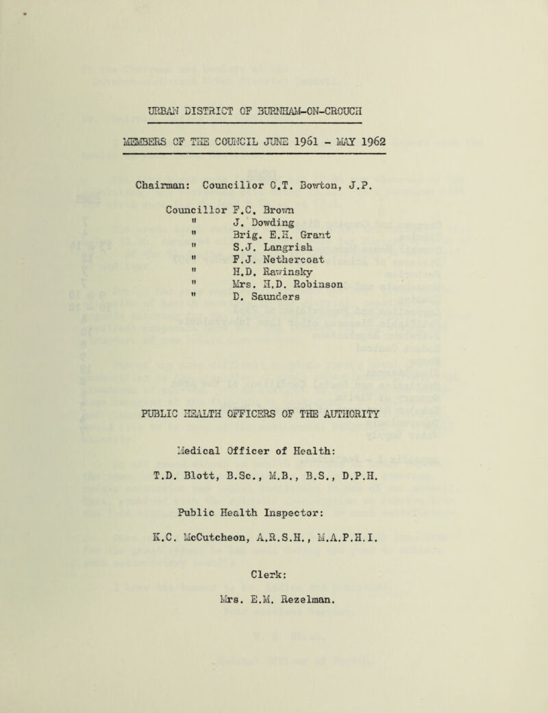 IHBAi-J DISTRICT OF 3IMmJi-ON-CROUCH MEMBERS OF THE COITilCIL JEl'E I96I - 1962 Chairman: Comicilior O.T. Boxvton, J.?. Councillor P.C. Broivn ” J. Dowding  Brig. E.H. Grant  S.J. Langrish  F.J. Nethercoat  H.D, Ravfinsky  Mrs. H.D. Robinson ” D. Saunders PUBLIC ISLILTH OFFICERS OF THE AUTHORITY Medical Officer of Health: T.D. Blott, B.Sc., M.3., B.S., D.P.H. Public Health Inspector: K.C. McCutcheon, A.R.S.H. , M.A.P.H.I. Clerk; Mrs. E.M. Rezelman