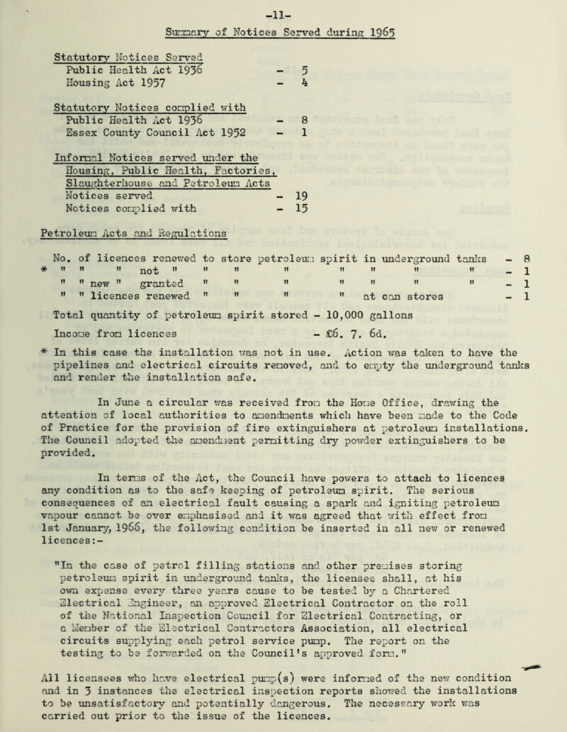 -11- Sumnary of Notices Served during 1965 Statutory Notices Served Public Health Act 1936 — 5 Housing Act 1957 - 4 Statutory Notices complied with Public Health Act 1936 - 8 Essex County Council Act 1952 - 1 Informal Notices served under the Housing, Public Health, Factories, Slaughterhouse and Petroleum Acts Notices served - 19 Notices complied with - 15 Petroleum Acts and Regulations No. of licences renewed to store petroleum spirit in underground tanks - 8 * »   not » It 11 11 ft tt tt tt - 1 n  new  granted tt 11 11 tt tt n tt - 1 11  licences renewed t! n n » at can stores - 1 Total quantity of petroleum spirit stored - 10,000 gallons Income from licences - £6. 7. 6d. * In this case the installation was not in use. Action \/as taken to have the pipelines and electrical circuits removed, and to empty the underground tanks and render the installation safe. In June a circular was received from the Home Office, drawing the attention of local authorities to amendments which have been made to the Code of Practice for the provision of fire extinguishers at petroleum installations. The Council adopted the amendment permitting dry powder extinguishers to be provided. In terns of the Act, the Council have powers to attach to licences any condition as to the safe keeping of petroleum spirit. The serious consequences of an electrical fault causing a spark and igniting petroleum vapour cannot be over emphasised and it was agreed that with effect from 1st January, 1966, the following condition be inserted in all new or renewed licences In the case of petrol filling stations and other premises storing petroleum spirit in underground tanks, the licensee shall, at his own expense every three years cause to be tested by a Chartered Electrical Engineer, an approved Electrical Contractor on the roll of the National Inspection Council for Electrical Contracting, or a Member of the Electrical Contractors Association, all electrical circuits supplying each petrol service pump. The report on the testing to be for-warded on the Council’s approved form. All licensees who have electrical punp(s) were informed of the new condition and in 3 instances the electrical inspection reports showed the installations to be unsatisfactory and potentially dangerous. The necessary work was carried out prior to the issue of the licences.