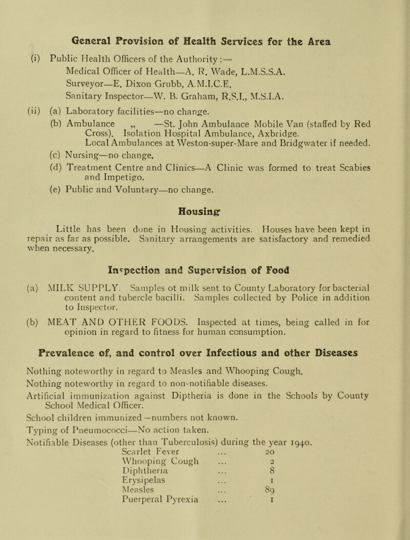 General Provision of Health Services for the Area (i) Public Health Officers of the Authority :— Medical Officer of Health—A. R. Wade, L.M.S.S.A. Surveyor—E. Dixon Grubb, A.M.I.C.E, Sanitary Inspector—W. B. Graham, R.S.I., M.S.I.A. (ii) (a) Laboratory facilities—no change. (b) Ambulance „ —St. John Ambulance Mobile Van (staffed by Red Cross). Isolation Hospital Ambulance, Axbridge. Local Ambulances at Weston-super-Mare and Bridgwater if needed. (c) Nursing—no change. (d) Treatment Centre and Clinics—A Clinic was formed to treat Scabies and Impetigo. (e) Public and Voluntary—no change. Housing1 Little has been done in Housing activities. Houses have been kept in repair as far as possible. Sanitary arrangements are satisfactory and remedied when necessary. Inspection and Supervision of Food (a) MILK SUPPLY. Samples ot milk sent to County Laboratory for bacterial content and tubercle bacilli. Samples collected by Police in addition to Inspector. (b) MEAT AND OTHER FOODS. Inspected at times, being called in for opinion in regard to fitness for human consumption. Prevalence of, and control over Infectious and other Diseases Nothing noteworthy in regard to Measles and Whooping Cough. Nothing noteworthy in regard to non-notifiable diseases. Artificial immunization against Diptheria is done in the Schools by County School Medical Officer. School children immunized—numbers not known. Typing of Pneumococci—No action taken. Notifiable Diseases (other than Tuberculosis) during the year 1940. Scarlet Fever ... 20 Whooping Cough ... 2 Diphtheria ... 8 Erysipelas ... 1 Measles ... 89 Puerperal Pyrexia ... 1