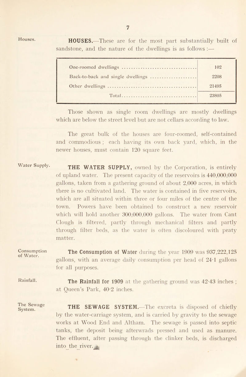 Houses. Water Supply. Consumption of Water. Rainfall. The Sewage System. HOUSES.—These are for the most part substantially built of sandstone, and the nature of the dwellings is as follows ;— One-roomed dwellings 102 Back-to-back and single dwellings 2208 Other dwellings 21495 Total 23805 Those shown as single room dwellings are mostly dwellings which are below the street level but are not cellars according to law. The great bulk of the houses are four-roomed, self-contained and commodious ; each having its own back yard, which, in the newer houses, must contain 120 square feet. THE WATER SUPPLY, owned by the Corporation, is entirely of upland water. The present capacity of the reservoirs is 440,000,000 gallons, taken from a gathering ground of about 2,000 acres, in which there is no cultivated land. The water is contained in five reservoirs, which are all situated within three or four miles of the centre of the town. Powers have been obtained to construct a new reservoir which will hold another 300,000,000 gallons. The water from Cant Clongh is filtered, partly through mechanical filters and partly through filter beds, as the water is often discoloured with peaty matter. The Consumption of Water during the year 1909 was 937,222,125 gallons, with an average daily consumption per head of 24-1 gallons for all purposes. The Rainfall for 1909 at the gathering ground was 42-43 inches ; at Queen’s Park, 40-2 inches. THE SEWAGE SYSTEM.—The excreta is disposed of chiefly by the water-carriage system, and is carried by gravity to the sewage works at Wood End and Altham. The sewage is passed into septic tanks, the deposit being afterwrads pressed and used as manure. The effluent, after passing through the clinker beds, is discharged into the river.