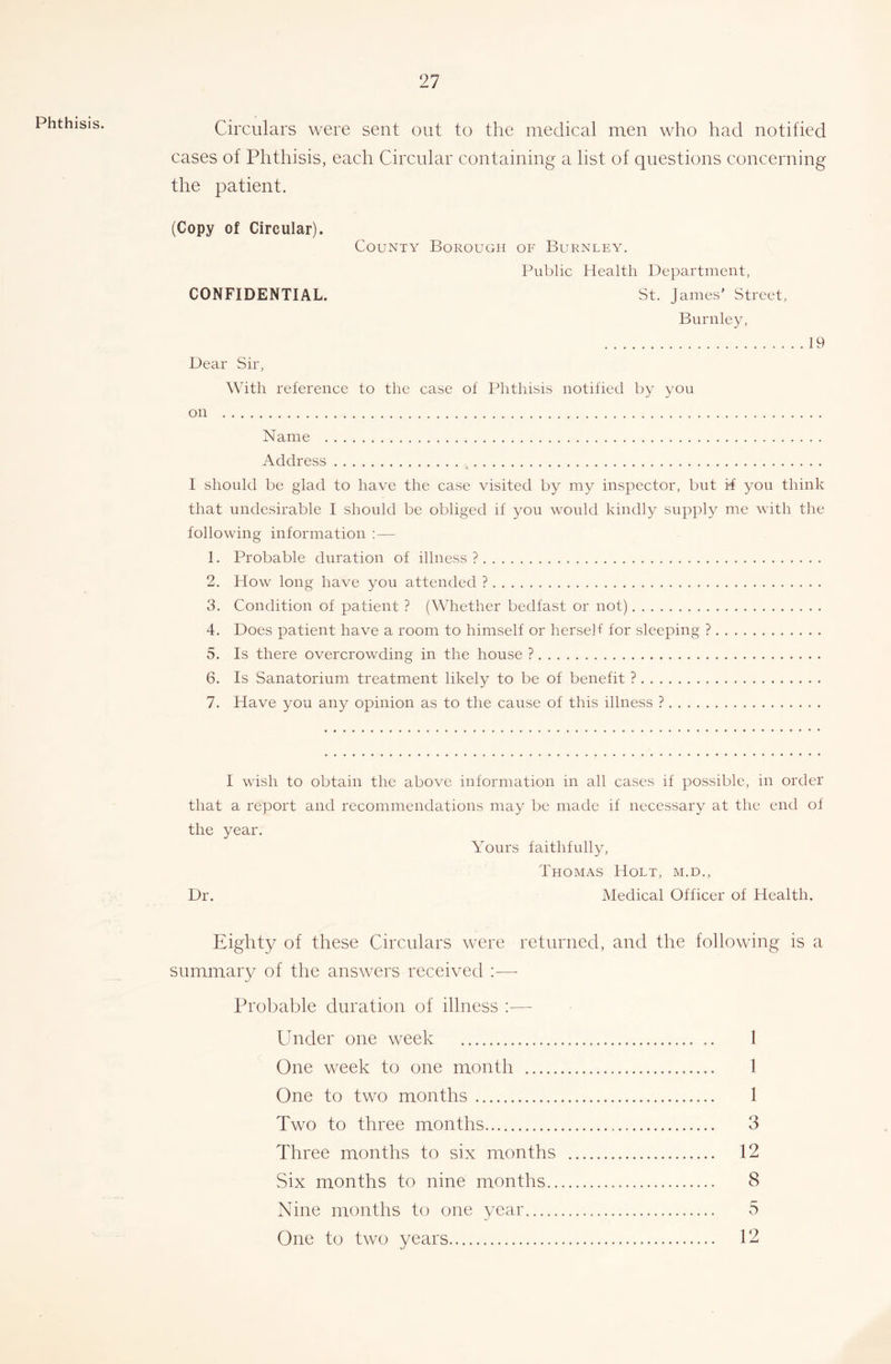 Phthisis. Circulars were sent out to the medical men who had notified cases of Phthisis, each Circular containing a list of questions concerning the patient. (Copy of Circular). County Borough of Burnley. Public Health Department, CONFIDENTIAL. St. James’ Street, Burnley, 19 Dear Sir, With reference to the case of Phthisis notified by you on Name Address , I should be glad to have the case visited by my inspector, but i-f you think that undesirable I should be obliged if you would kindly supply me with the following information : — 1. Probable duration of illness? 2. How long have you attended ? 3. Condition of patient ? (Whether bedfast or not) 4. Does patient have a room to himself or herself for sleeping ? 3. Is there overcrowding in the house ? 6. Is Sanatorium treatment likely to be of benefit ? 7. Have you any opinion as to the cause of this illness ? I wish to obtain the above information in all cases if possible, in order that a report and recommendations may be made if necessary at the end of the year. Yours faithfully, Thomas Holt, m.d.. Dr. Medical Officer of Health. Eighty of these Circulars were returned, and the following is a summary of the answers received :—■ Probable duration of illness :— Under one week 1 One week to one month 1 One to two months 1 Two to three months 3 Three months to six months 12 Six months to nine months 8 Nine months to one year 5 One to two years 12