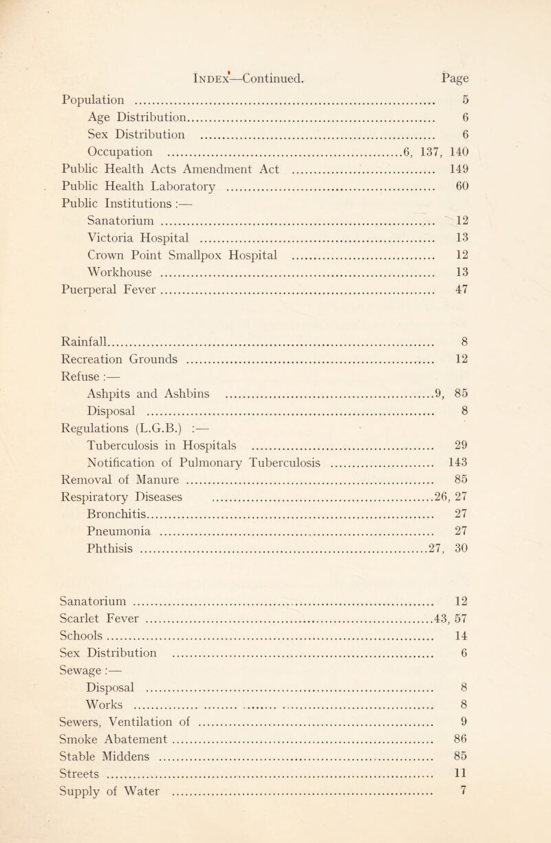 Population 5 Age Distribution 6 Sex Distribution 6 Occupation 6, 137, 140 Public Health Acts Amendment Act 149 Public Health Laboratory 60 Public Institutions :— Sanatorium 12 Victoria Hospital 13 Crown Point Smallpox Hospital 12 Workhouse 13 Puerperal Fever 47 Rainfall 8 Recreation Grounds 12 Refuse :— Ashpits and Ashbins 9, 85 Disposal 8 Regulations (L.G.B.) :— Tuberculosis in Hospitals 29 Notihcation of Pulmonary Tuberculosis 143 Removal of Manure 85 Respiratory Diseases 26, 27 Bronchitis 27 Pneumonia 27 Phthisis 27, 30 Sanatorium 12 Scarlet Fever 43, 57 Schools 14 Sex Distribution 6 Sewage :— Disposal 8 Works 8 Sewers, Ventilation of 9 Smoke Abatement 86 Stable Middens 85 Streets 11 Supply of Water 7