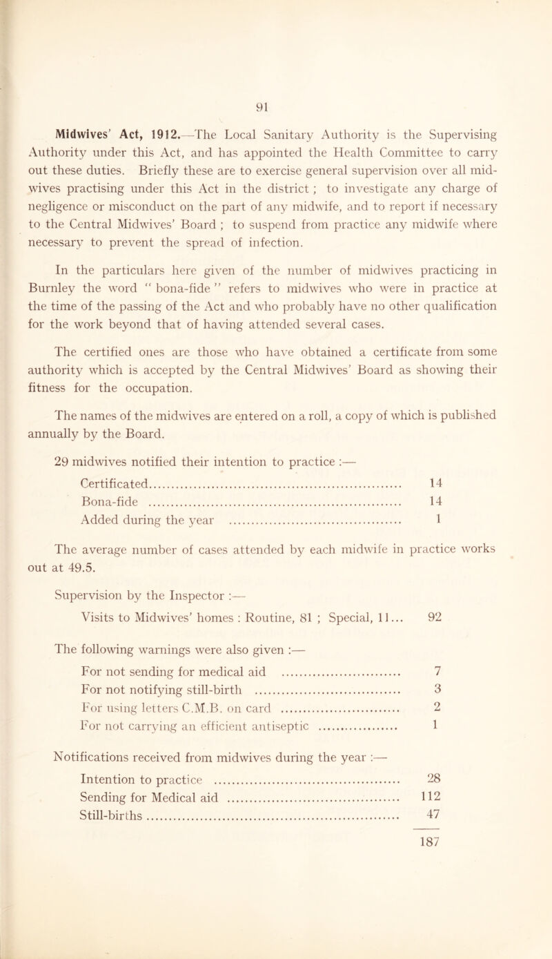 Midwives’ Act, 1912.—The Local Sanitary Authority is the Supervising Authority under this Act, and has appointed the Health Committee to carry out these duties. Briefly these are to exercise general supervision over all mid- wives practising under this Act in the district; to investigate any charge of negligence or misconduct on the part of any midwife, and to report if necessary to the Central Midwives’ Board ; to suspend from practice any midwife where necessary to prevent the spread of infection. In the particulars here given of the number of midwives practicing in Burnley the word  bona-fide ” refers to midwives who were in practice at the time of the passing of the Act and who probably have no other qualification for the work beyond that of having attended several cases. The certified ones are those who have obtained a certificate from some authority which is accepted by the Central Midwives’ Board as showing their fitness for the occupation. The names of the midwives are entered on a roll, a copy of which is published annually by the Board. 29 midwives notified their intention to practice :— Certificated 14 Bona-fide 14 Added during the year 1 The average number of cases attended by each midwife in practice works out at 49.5. .Supervision by the Inspector :— Visits to Midwives’ homes ; Routine, 81 ; Special, 11... 92 The following warnings were also given :— For not sending for medical aid 7 For not notifying still-birth 3 For using letters C.M.B. on card 2 For not carrying an efficient antiseptic 1 Notifications received from midwives during the year ;— Intention to practice 28 Sending for Medical aid 112 Still-births 47 187