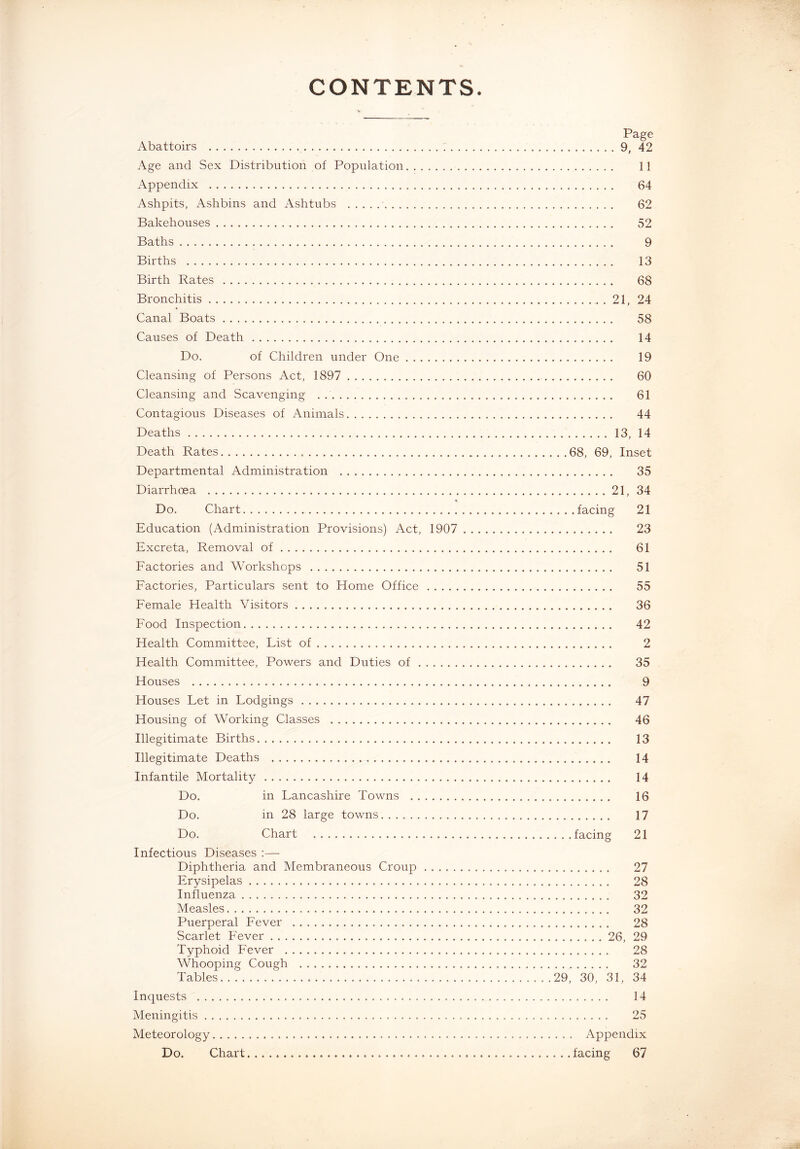 CONTENTS Page Abattoirs 9, 42 Age and Sex Distribution of Population 11 Appendix 64 Ashpits, Ashbins and Ashtubs 62 Bakehouses 52 Baths 9 Births 13 Birth Rates 68 Bronchitis . 21, 24 Canal Boats 58 Causes of Death 14 Do. of Children under One 19 Cleansing of Persons Act, 1897 60 Cleansing and Scavenging 61 Contagious Diseases of Animals 44 Deaths 13, 14 Death Rates 68, 69, Inset Departmental Administration 35 Diarrhoea 21, 34 * Do. Chart facing 21 Education (Administration Provisions) Act, 1907 23 Excreta, Removal of 61 Factories and Workshops 51 Factories, Particulars sent to Home Office 55 Female Health Visitors 36 Food Inspection 42 Health Committee, Fist of 2 Health Committee, Powers and Duties of 35 Houses 9 Houses Fet in Fodgings 47 Housing of Working Classes 46 Illegitimate Births 13 Illegitimate Deaths 14 Infantile Mortality 14 Do. in Fancashire Towns 16 Do. in 28 large towns 17 Do. Chart facing 21 Infectious Diseases :— Diphtheria and Membraneous Croup 27 Erysipelas 28 Influenza 32 Measles 32 Puerperal Fever 28 Scarlet Fever 26, 29 Typhoid Fever 28 Whooping Cough 32 Tables 29, 30, 31, 34 Inquests 14 Meningitis 25 Meteorology Appendix Do. Chart . facing 67