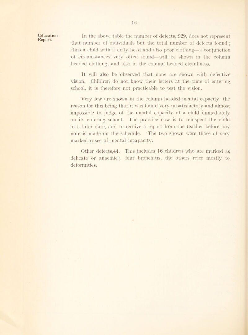 Education Report. In the above table the number of defects, 929, does not represent that number of individuals but the total number of defects found ; thus a child with a dirty head and also poor clothing—a conjunction of circumstances very often foimd^—will be shown in the column headed clothing, and also in the column headed cleanliness. It will also be observed that none are shown with defective vision. Children do not know their letters at the time of entering school, it is therefore not practicable to test the vision. Very few are shown in the column headed mental capacity, the reason for this being that it was found very unsatisfactory and almost impossible to judge of the mental capacity of a child immediately on its entering school. The practice now is to reinspect the child at a later date, and to receive a report from the teacher before any note is made on the schedule. The two shown were those of very marked cases of mental incapacity. Other defects,44. This includes 16 children who are marked as delicate or anaemic ; four bronchitis, the others refer mostly to deformities.