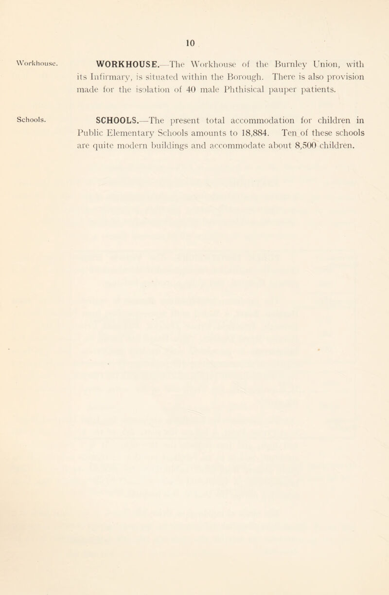 \\V)rk house. Schools. WORKHOUSE. -The Workhouse of the Burnley Union, with its Infirmary, is situated within the Borough. There is also provision made for the isolation of 40 male Phthisical pauper patients. SCHOOLS.—The present total accommodation for children in Public Elementary Schools amounts to 18,884. Ten of these schools are quite modern buildings and accommodate about 8,500 children.