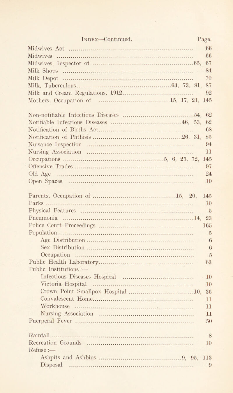 Midwives Act 66 Midwives 66 Midwives, Inspector of 65, 67 Milk Shops 84 Milk Depot 70 Milk, Tuberculous 63, 73, 81, 87 Milk and Cream Regulations, 1912 92 Mothers, Occupation of 15, 17, 21, 145 Non-notifiable Infectious Diseases 54, 62 Notifiable Infectious Diseases 46, 53, 62 Notification of Births Act 68 Notification of Phthisis 26, 31, 85 Nuisance Inspection 94 Nursing Association 11 Occupations 5, 6, 25, 72, 145 Offensive Trades 97 Old Age 24 Open Spaces 10 Parents, Occupation of 15, 20, 145 Parks 10 Physical Features 5 Pneumonia 14, 23 Police Court Proceedings 165 Population 5 Age Distribution 6 Sex Distribution 6 Occupation 5 Public Health Laboratory 63 Public Institutions —- Infectious Diseases Hospital 10 Victoria Hospital 10 Crown Point Smallpox Hospital 10, 36 Convalescent Home 11 Workhouse 11 Nursing Association 11 Puerperal Fever 50 Rainfall 8 Recreation Grounds 10 Refuse :■— Ashpits and Ashbins 9, 95, 113 Disposal 9