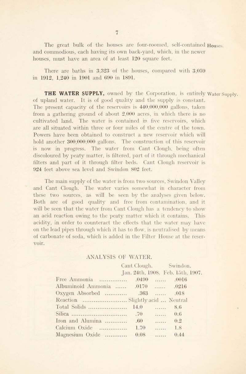 The great bulk of the houses are four-roomed, self-contained Houses, and commodious, each having its own back-yard, which, in the newer houses, must have an area of at least 120 square feet. There are baths in 3,323 of the houses, compared with 3,059 in 1912, 1,240 in 1901 and 690 in 1891. THE WATER SUPPLY, owned by the Corporation, is entirely Water Supply, of upland water. It is of good quality and the supply is constant. The present capacity of the reservoirs is 440,000,000 gallons, taken from a gathering ground of about 2,000 acres, in which there is no cultivated land. The water is contained in live reservoirs, which are all situated within three or four miles of the centre of the town. Powers have been obtained to construct a new reservoir which will hold another 300,000,000 gallons. The construction of this reservoir is now in progress. The water from Cant Clough, being often discoloured by peaty matter, is filtered, part of it through mechanical biters and part of it through biter beds. Cant Clough reservoir is 924 feet above sea level and Swindon 802 feet. The main supply of the water is from two sources, Swindon Valley and Cant Clough. The water varies somewhat in character from these two sources, as will be seen by the analyses given below. Both are of good quality and free from contamination, and it will be seen that the water from Cant Clough has a tendency to show an acid reaction owing to the peaty matter which it contains. This acidity, in order to counteract the effects that the water may have on the lead pipes through which it has to bow, is neutralised by means of carbonate of soda, which is added in the Filter House at the reser- voir. ANALYSIS OF WATER. Cant Clough. Swindon Jan. 24th, 1908. Feb. 15th, Free Ammonia 0490 .... .. .0016 Albuminoid Ammonia . 0170 .... .. .0216 Oxygen Absorbed 363 .... .. .018 Reaction Slightly acid . .. Neutral Total Solids 14.0 .. 8.6 Silica 70 .. 0.6 Iron and Alumina 60 .. 0.2 Calcium Oxide 1.70 1.8 Magnesium Oxide 0.08 .. 0.44