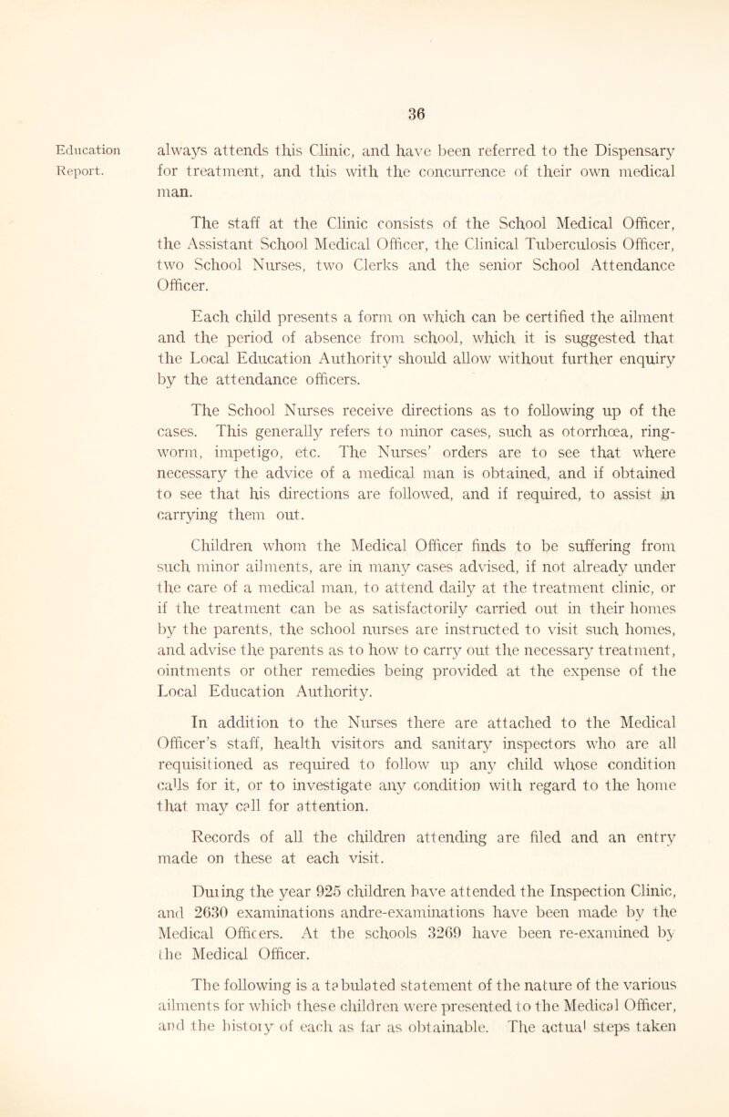 Education Report. always attends this Clinic, and have been referred to the Dispensary for treatment, and this with the concurrence of their own medical man. The staff at the Clinic consists of the School Medical Officer, the Assistant School Medical Officer, the Clinical Tuberculosis Officer, two School Nurses, two Clerks and the senior School Attendance Officer. Each child presents a form on which can be certified the ailment and the period of absence from school, which it is suggested that the Local Education Authority should allow without further enquiry by the attendance officers. The School Nurses receive directions as to following up of the cases. This generally refers to minor cases, such as otorrhoea, ring- worm, impetigo, etc. The Nurses’ orders are to see that where necessary the advice of a medical man is obtained, and if obtained to see that his directions are followed, and if required, to assist in carrying them out. Children whom the Medical Officer finds to be suffering from such minor ailments, are in many cases advised, if not already under the care of a medical man, to attend daily at the treatment clinic, or if the treatment can be as satisfactorily carried out in their homes by the parents, the school nurses are instructed to visit such homes, and advise the parents as to how to carry out the necessary treatment, ointments or other remedies being provided at the expense of the Local Education Authority. In addition to the Nurses there are attached to the Medical Officer’s staff, health visitors and sanitary inspectors who are all requisitioned as required to follow up any child whose condition cads for it, or to investigate any condition with regard to the home that may cell for attention. Records of all the children attending are filed and an entry made on these at each visit. Duiing the year 925 children have attended the Inspection Clinic, and 2630 examinations andre-examinations have been made by the Medical Officers. At the schools 3269 have been re-examined by the Medical Officer. The following is a tabulated statement of the nature of the various ailments for which these children were presented to the Medical Officer, and the histoiy of each as far as olhainable. The actual steps taken