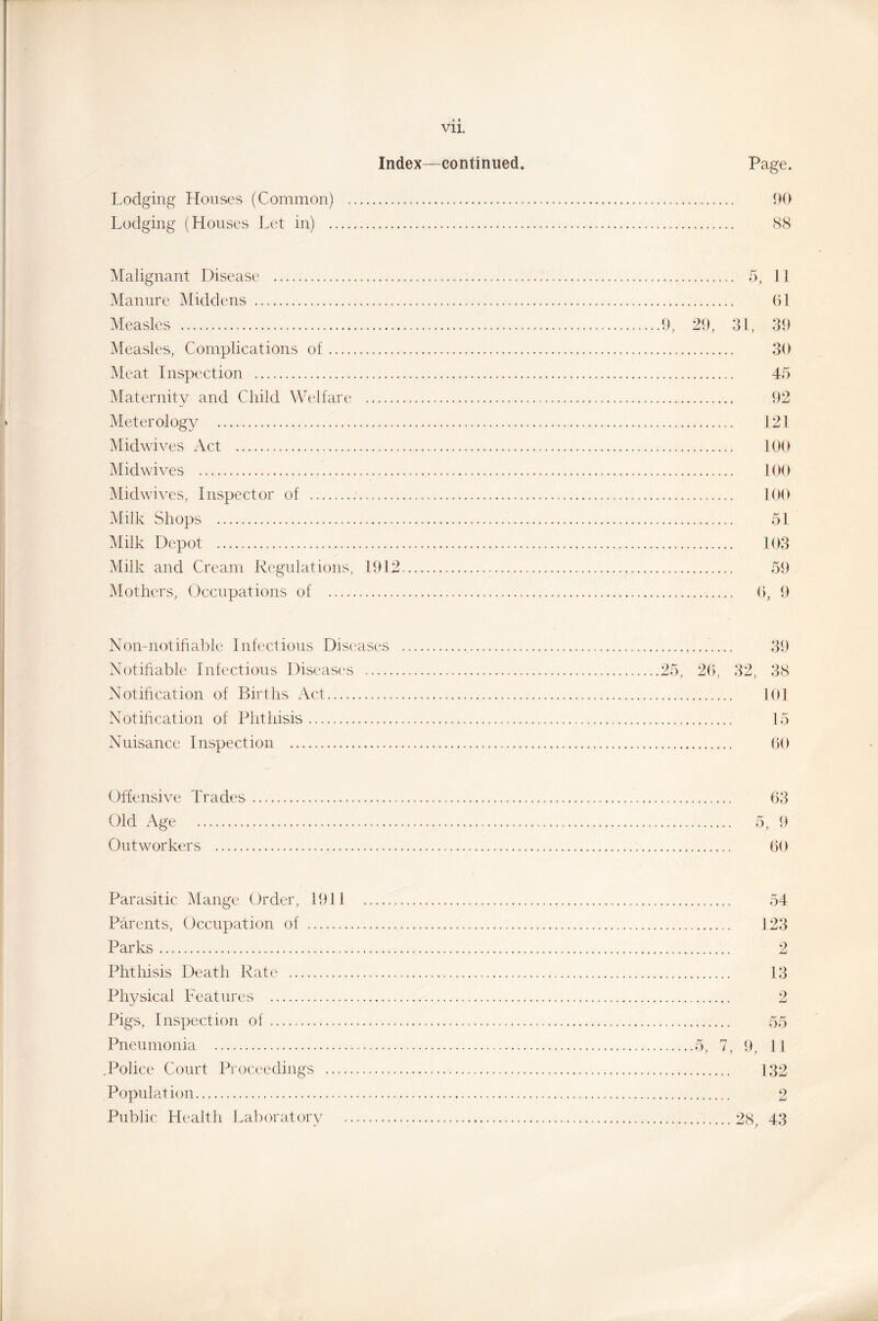 Index—continued. Page. Lodging Houses (Common) 90 Lodging (Houses Let in) 88 Malignant Disease 5, 11 Manure Middens 61 Measles 9, 29, 31, 39 Measles, Complications of 30 Meat Inspection 45 Maternity and Child Welfare 92 Meter ology 121 Mid wives Act 100 Midwives 100 Midwives, Inspector of 100 Milk Shops 51 Milk Depot 103 Milk and Cream Regulations, 1912 59 Mothers, Occupations of 0, 9 Non-notifiable Infectious Diseases 39 Notifiable Infectious Diseases 25, 26, 32, 38 Notification of Births Act 101 Notification of Phthisis 15 Nuisance Inspection 60 Offensive Trades 63 Old Age 5, 9 Outworkers 60 Parasitic Mange Order, 1931 Parents, Occupation of Parks Phthisis Death Rate Physical Features Pigs, Inspection of Pneumonia .Police Court Proceedings ... Population Public Health Laboratory 54 123 2 13 5, 7, 9, 11 132 28, 43