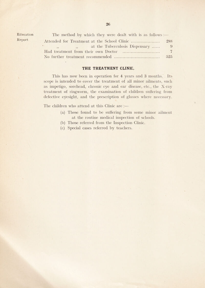 Education Report The method by which they were dealt with is as follows Attended for Treatment at the School Clinic 288 ,, ,, at the Tuberculosis Dispensary 9 Had treatment from their own Doctor 7 No further treatment recommended 525 THE TREATMENT CLINIC. This has now been in operation for 4 years and 3 months. Its scope is intended to cover the treatment of all minor ailments, such as impetigo, sorehead, chronic eye and ear disease, etc., the X-ray treatment of ringworm, the examination of children suffering from defective eyesight, and the prescription of glasses where necessary. The children who attend at this Clinic are — (a) Those found to be suffering from some minor ailment at the routine medical inspection of schools. (b) Those referred from the Inspection Clinic. (c) Special cases referred by teachers.