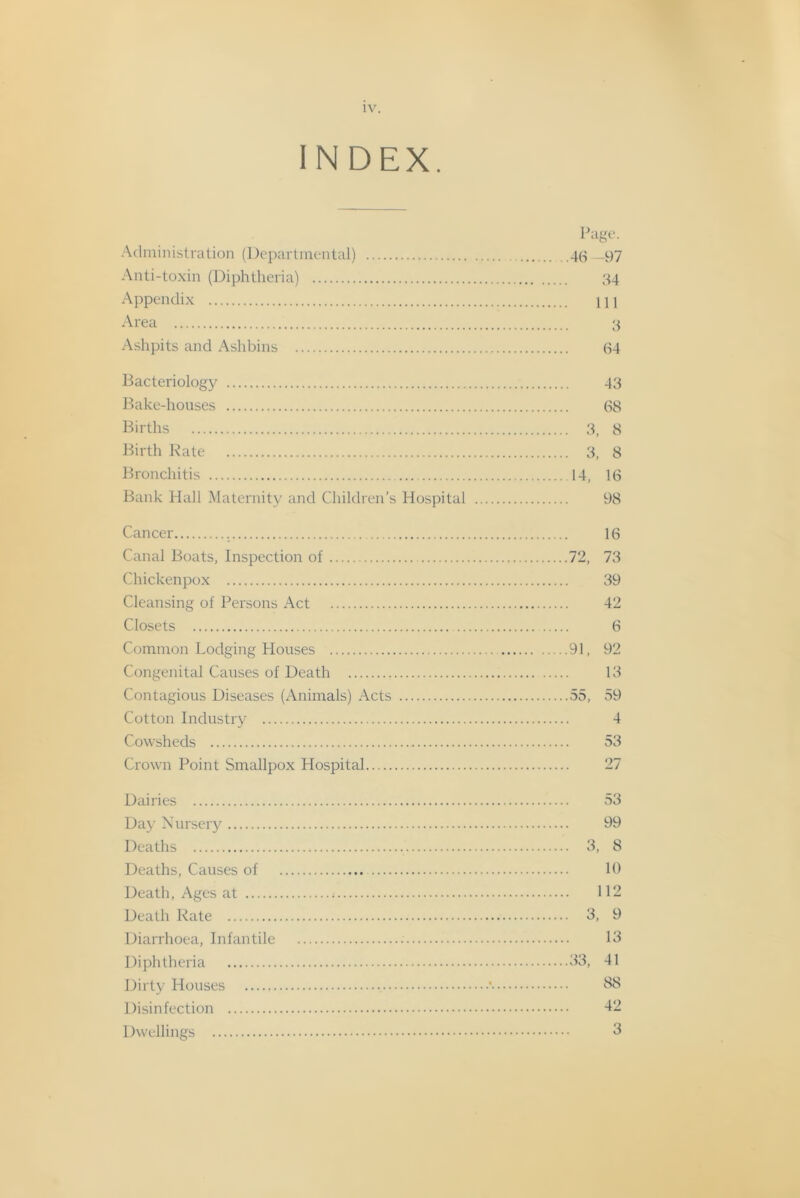 INDEX. Pago. .Administration (Departmental) 4(-;_97 Anti-toxin (Diphtheria) 34 Appendix 111 Area 3 Ashpits and Ashbins 64 Bacteriology 43 l^ake-houses 68 Births 3, 8 Birth Kate 3, 8 Bronchitis 14, 16 Bank Hall Maternity and Children’s Hospital 98 Cancer , 16 Canal Boats, Inspection of 72, 73 Chickenpox 39 Cleansing of Persons Act 42 Closets 6 Common Lodging Houses 91, 92 Congenital Canses of Death 13 Contagious Diseases (Animals) Acts 55, 59 Cotton Industry 4 Cowsheds 53 Crown Point Smallpox Hospital 27 Dairies 53 Day Nurseiy 99 Deaths 3, 8 Deaths, Causes of 10 Death, Ages at 112 Death Rate 3, 9 Diarrhoea, Infantile 13 Diphtheria 33, 41 Dirty Houses * Disinfection 42 Dwellings 3