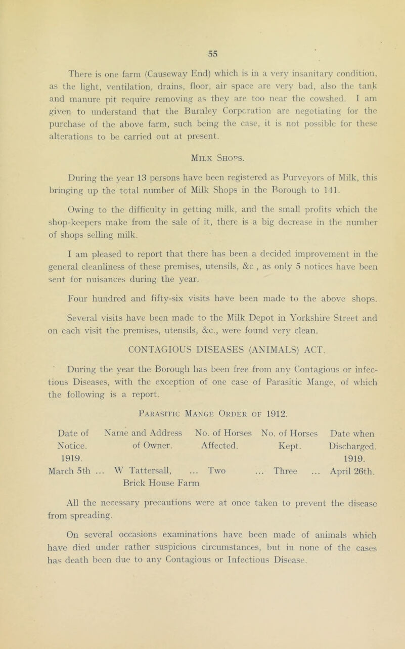 Tliere is one farm (Causeway End) which is in a very insanitary condition, as the light, ventilation, drains, floor, air space are very bad, also the tank and manure pit require removing as they are too near the cowshed. 1 am given to understand that the Burnley Corporation are negotiating for the purchase of the above farm, such being the case, it is not possible for these alterations to be carried out at present. Milk Shops. During the year 13 persons have been registered as Purveyors of Milk, this bringing up the total number of Milk Shops in the Borough to 141. Owing to the difficulty in getting milk, and the small profits which the shop-keepers make from the sale of it, there is a big decrease in the number of shops selling milk. I am pleased to report that there has been a decided improvement in the general cleanliness of these premises, utensils, &c , as only 5 notices have been sent for nuisances during the year. Four hundred and fifty-six visits have been made to the above shops. Several visits have been made to the Milk Depot in Yorkshire Street and on each visit the premises, utensils, &c., were found very clean. CONTAGIOUS DISEASES (ANIMALS) ACT. During the year the Borough has been free from any Contagious or infec- tious Diseases, with the exception of one case of Parasitic Mange, of which the following is a report. Parasitic Mange Order of 1912. Date of Name and Address No. of Horses No. of Horses Notice. of Owner. Affected. Kept. 1919. March 5th ... W Tattersall, ... Two ... Three Brick House Farm All the necessary precautions were at once taken to prevent the disease from spreading. On several occasions examinations have been made of animals which have died under rather suspicious circumstances, but in none of the cases has death been due to any Contagious or Infectious Disease. Date w'hen Discharged. 1919. April 26th.