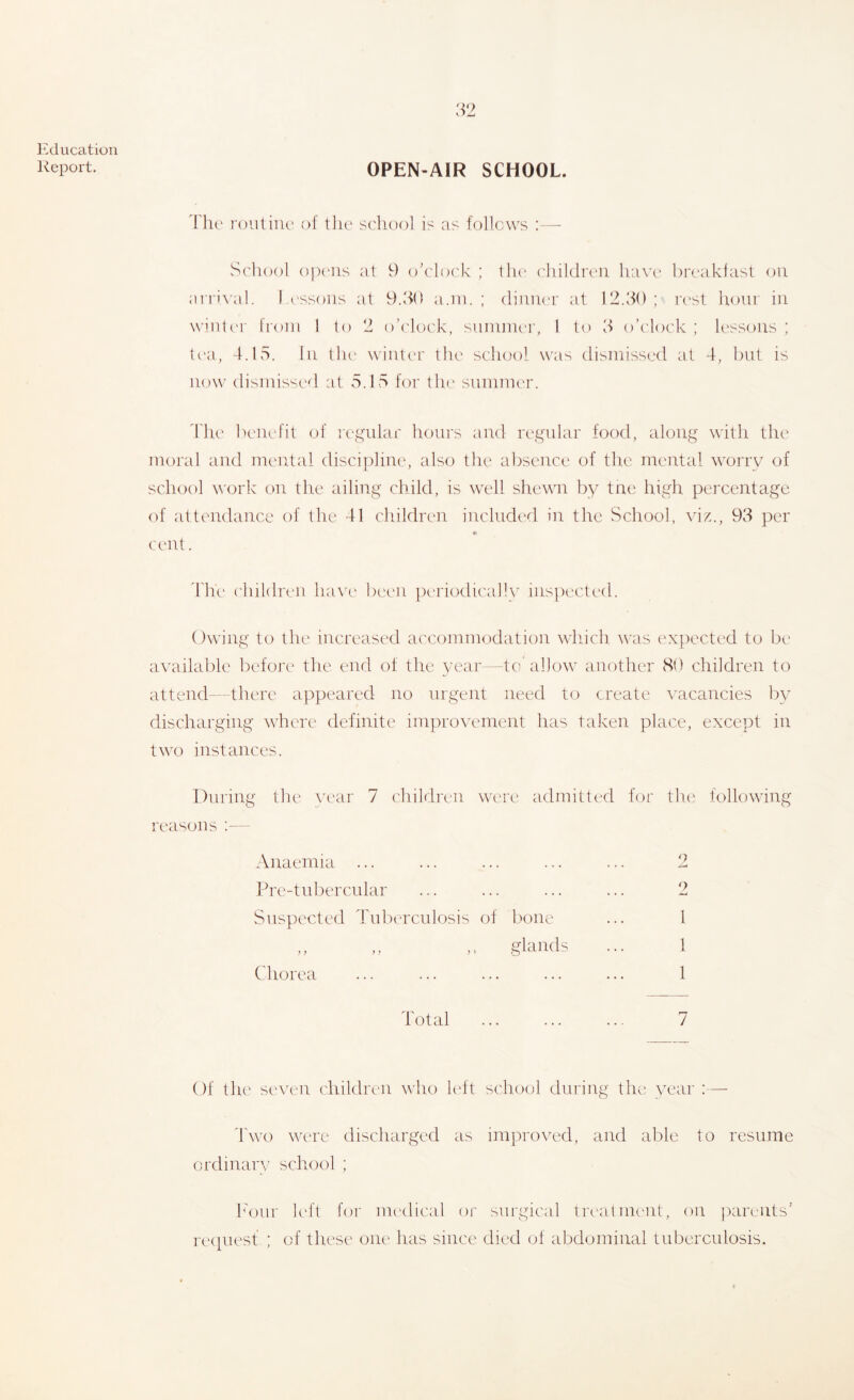 l^diication Report. OPEN-AIR SCHOOL. 1 he roiiliiu' of tlic scliool is as follows : — Sdiool opens at 9 o\'lo('k ; tlu* ('hildn'ii liavc brcaklast on an'i\’al. I t'ssoiis at 9.d0 a.ni. ; diuiK'r at 12.30; rc'sl hour in winlc'r IVoiii 1 to 2 o’c'loc'k, suiuuu'r, ! to 3 o’clock ; lessons ; tea, 4.15. In tlu' winti'r the school w'as dismissed at 4, but is now dismisst'd at 5.15 for tlu' summer. 44i(' iH'iiebt of ret(ular hours and regular food, along with the moral and mc'Utal discipline, also the absence of the mental worry of school work on the ailing child, is well shewn by tne high percentage of attendance of the 41 children included in the School, viz., 93 per r cent. 44n' (4iildren ha\a' been pc'riodii'ally inspected. Owing to the increased ai'comrnodation wliich was expected to be at'ailable before the end of the year—to allow another 8b children to attend—there appeared no urgent need to create vacancies by discharging where definite improvement has taken place, except in two instances. During the 3a'ar 7 children were admitted for tin' followdng reasons ;— Anaemia ... Ih'e-tnberciilar Suspected Tuberculosis of bone ,, ,, M glands Chorea Of the seven children who kdt school during the' year :—• 4'wo were discharged as improved, and able to resume ordinar\’ school ; h'oiir k4'l for im'dical or surgical tn'atment, on parents’ reitiiesf ; of these one has since died of abdominal tuberculosis. 2 2 I 1 1