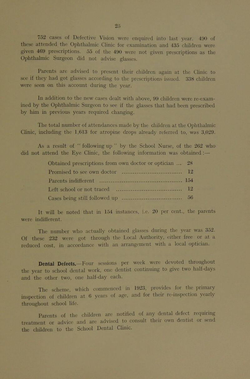 752 cases of Defective Vision were enquired into last year. 4'JO of these attended the Ophthalmic Clinic for e.xamination and 435 children were given 4(51) prescriptions. 55 of the 490 were not given prescriptions as the Ophthalmic Surgeon did not advise glasses. Parents are advised to present their children again at the Clinic to SCO if they had got glasses according to the prescriptions issued. 338 children were seen on this account during the year. In addition to the new cases dealt with above, 99 children were re-exam- ined by the Ophthalmic Surgeon to see if the glasses that had been prescribed by him in previous years required changing. The total number of attendances made by the children at the Ophthalmic Clinic, including the 1,613 for atropine drops already referred to, was 3,029. As a result of “ following up ” by the Sehool Nurse, of the 262 who did not attend the Eye Clinic, the following information was obtained ;— Obtained prescriptions from own doctor or optician ... 28 Promised to see own doctor 12 Parents indifferent 154 Left school or not traced 12 Cases being still followed up 56 It will be noted that in 154 instances, i.e. 20 per cent., the parents were indifferent. The number who actually obtained glasses during the year was 352. Of these 232 were got through the Local Authority, either free or at a reduced cost, in accordance with an arrangement with a local optician. Dental Defects.—Four sessions per week were devoted throughout the year to school dental work, one dentist continuing to give two half-days and the other two, one half-day each. The scheme, which commenced in 1923, provides for the primary inspection of children at 6 years of age, and for their re-inspection yearly throughout school life. Parents of the children are notified of any dental defect requiring treatment or advice and are advised to consult their own dentist or send the children to the School Dental Clinic.