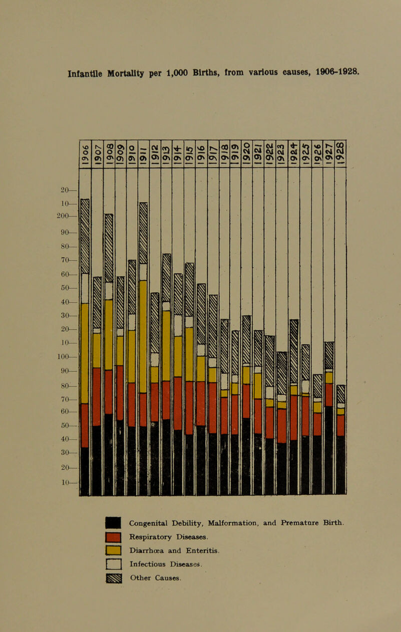 Infantile Mortality per 1,000 Births, from various causes, 1906-1928, Congenital Debility, Malformation, and Premature Birth. Respiratory Diseases. Diarrhoea and Enteritis. Infectious Diseases. Other Causes.