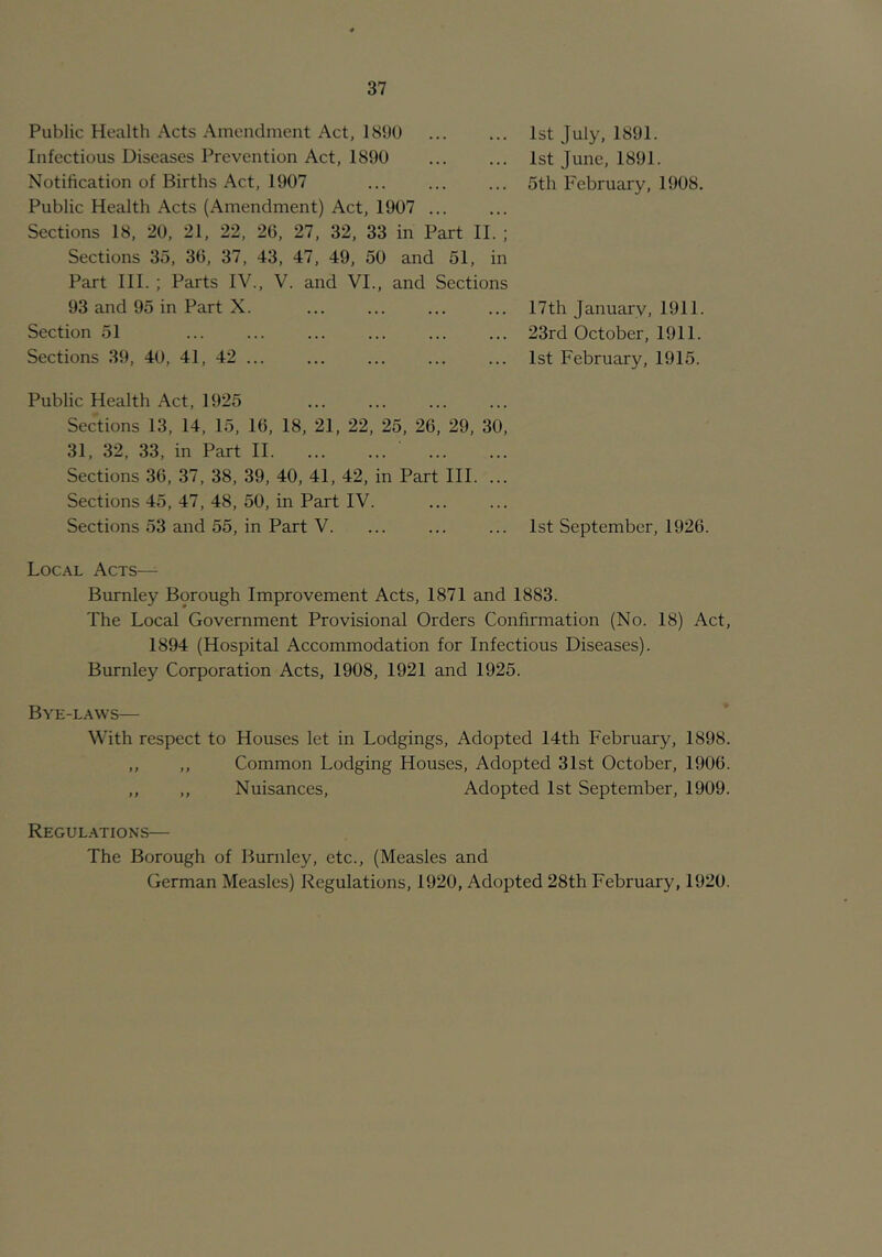 Public Health Acts Amendment Act, 1890 Infectious Diseases Prevention Act, 1890 Notification of Births Act, 1907 Public Health Acts (Amendment) Act, 1907 ... Sections 18, 20, 21, 22, 26, 27, 32, 33 in Part II. ; Sections 35, 36, 37, 43, 47, 49, 50 and 51, in Part HI. ; Parts IV., V. and VI., and Sections 93 and 95 in Part X. Section 51 Sections 39, 40, 41, 42 ... 1st July, 1891. 1st June, 1891. 5th February, 1908. 17th January, 1911. 23rd October, 1911. 1st February, 1915. Public Health Act, 1925 Sections 13, 14, 15, 16, 18, 21, 22, 25, 26, 29, 30, 31, 32, 33, in Part II. Sections 36, 37, 38, 39, 40, 41, 42, in Part III. ... Sections 45, 47, 48, 50, in Part IV. Sections 53 and 55, in Part V. ... ... ... 1st September, 1926. Loc.al Acts— Burnley Borough Improvement Acts, 1871 and 1883. The Local Government Provisional Orders Confirmation (No. 18) Act, 1894 (Hospital Accommodation for Infectious Diseases). Burnley Corporation Acts, 1908, 1921 and 1925. Bye-laws— With respect to Houses let in Lodgings, Adopted 14th February, 1898. ,, ,, Common Lodging Houses, Adopted 31st October, 1906. ,, ,, Nuisances, Adopted 1st September, 1909. Regul.^tions— The Borough of Burnley, etc., (Measles and German Measles) Regulations, 1920, Adopted 28th February, 1920.