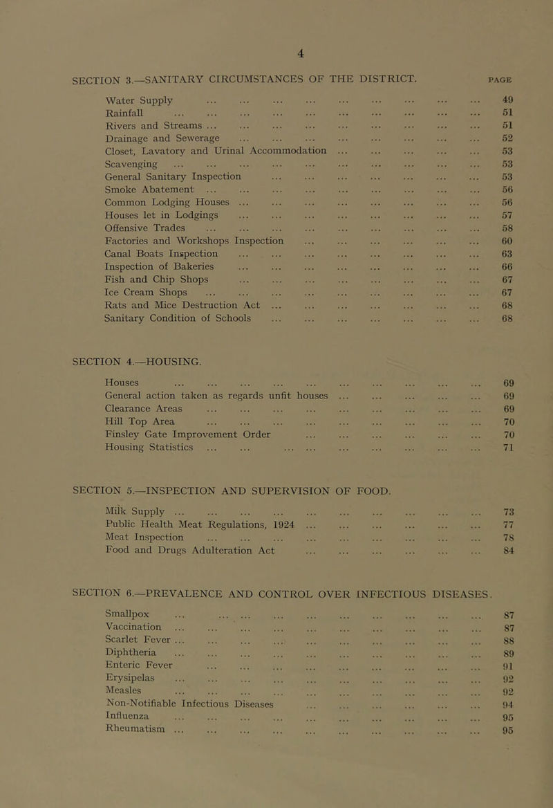 SECTION 3.—SANITARY CIRCUMSTANCES OF THE DISTRICT. page Water Supply ... ... ... ... ... ... ... ... ... 49 Rainfall ... ... ... ... ... ... ... ... ... ... 51 Rivers and Streams ... ... ... ... ... ... ... ... ... 51 Drainage and Sewerage ... ... ... ... ... ... ... ... 52 Closet, Lavatory and Urinal Accommodation ... ... ... ... ... 53 Scavenging ... ... ... ... ... ... ... ... ... ... 53 General Sanitary Inspection ... ... ... ... ... ... ... 53 Smoke Abatement ... ... ... ... ... ... ... ... ... 56 Common Lodging Houses ... ... ... ... ... ... ... ... 56 Houses let in Lodgings ... ... ... ... ... ... ... ... 57 Offensive Trades ... ... ... ... ... ... ... ... ... 58 Factories and Workshops Inspection ... ... ... ... ... ... 60 Canal Boats Inspection ... ... ... ... ... ... ... ... 63 Inspection of Bakeries ... ... ... ... ... ... ... ... 66 Fish and Chip Shops ... ... ... ... ... ... ... ... 67 Ice Cream Shops ... ... ... ... ... ... ... ... ... 67 Rats and Mice Destruction Act ... ... ... ... ... ... ... 68 Sanitary Condition of Schools ... ... ... ... ... ... ... 68 SECTION 4.—HOUSING. Houses ... ... ... ... ... ... ... ... ... ... 69 General action taken as regards unfit houses ... ... ... ... ... 69 Clearance Areas ... ... ... ... ... ... ... ... ... 69 Hill Top Area ... ... ... ... ... ... ... ... ... 70 Finsley Gate Improvement Order ... ... ... ... ... ... 70 Housing Statistics ... ... ... ... ... ... ... 71 SECTION 5.—INSPECTION AND SUPERVISION OF FOOD. Milk Supply ... ... ... ... ... ... ... ... ... ... 73 Public Health Meat Regulations, 1924 ... ... ... ... ... ... 77 Meat Inspection ... ... ... ... ... ... ... ... ... 78 Food and Drugs Adulteration Act ... ... ... ... ... ... 84 SECTION 6.—PREVALENCE AND CONTROL OVER INFECTIOUS DISEASES. Smallpox ... ... ... ... ... ... ... ... 87 Vaccination ... ... ... ... ... ... ... ... ... ... 87 Scarlet Fever ... ... ... ... ... ... ... ... ... ... 88 Diphtheria ... ... ... ... ... ... ... ... ... ... 89 Enteric Fever ... ... ... ... ... ... ... ... ... 91 Erysipelas ... ... ... ... ... ... ... ... ... ... 92 Measles ... ... ... ... ... ... ... ... ... ... 92 Non-Notifiable Infectious Diseases ... ... ... ... ... ... 94 Influenza ... ... ... ... ... ... ... ... ... 95 Rheumatism 95