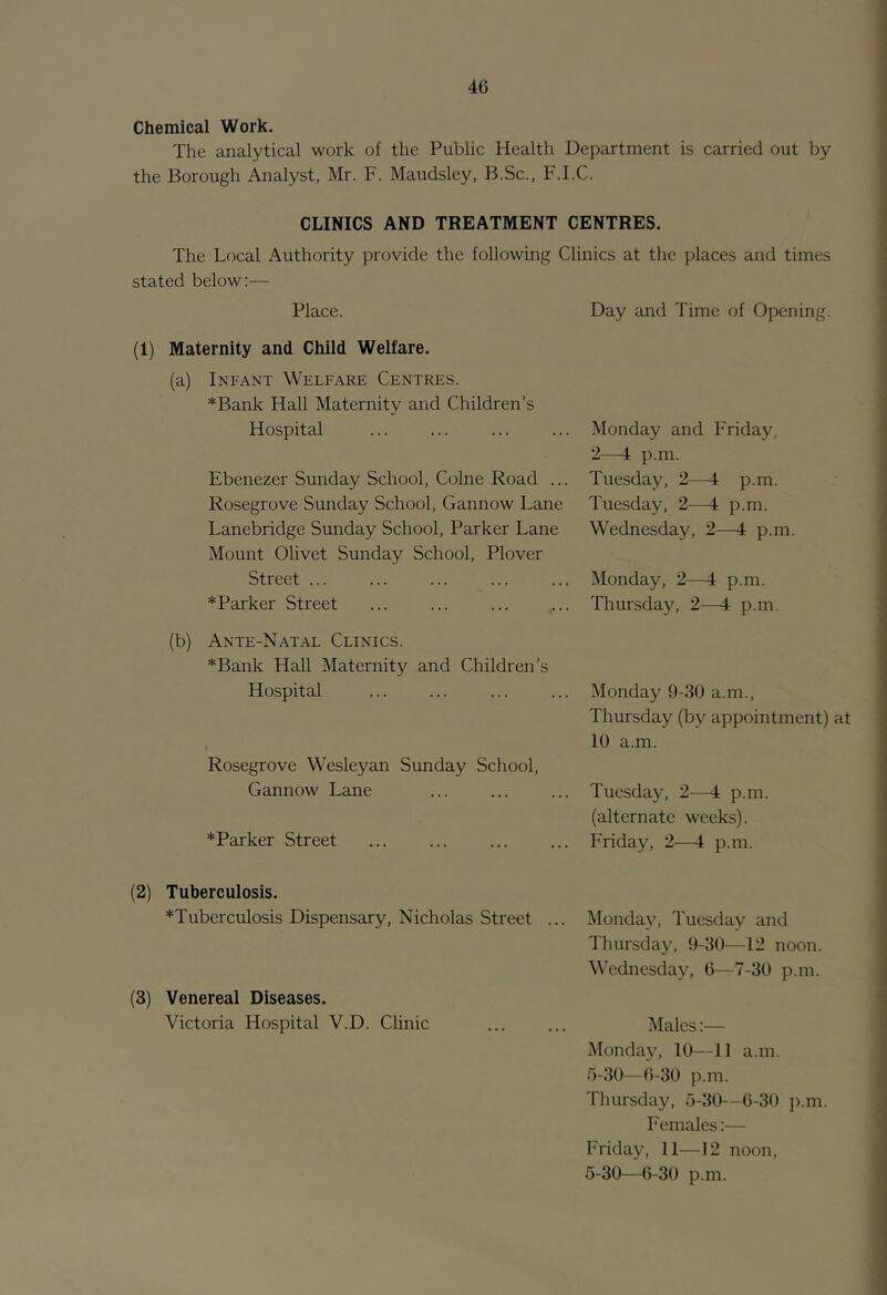 Chemical Work. The analytical work of the Public Health Department is carried out by the Borough Analyst, Mr. F. Maudsley, B.Sc., F.I.C. CLINICS AND TREATMENT CENTRES. The Local Authority provide the following Clinics at the places and times stated below:— Place. Day and Time of Opening. (1) Maternity and Child Welfare. (a) Infant Welfare Centres. *Bank Hall Maternity and Children’s Hospital Ebenezer Sunday School, Colne Road ... Rosegrove Sunday School, Gannow Lane Lanebridge Sunday School, Parker Lane Mount Olivet Sunday School, Plover Street *Parker Street Monday and Friday, 2—4 p.m. Tuesday, 2—4 p.m. Tuesday, 2—4 p.m. Wednesday, 2—4 p.m Monday, 2—4 p.m. Thursday, 2—4 p.m. (b) Ante-Natal Clinics. *Bank Hall Maternity and Children’s Hospital ... ... ... ... Monday 9-30 a.m., Thursday (by appointment) at 10 a.m. Rosegrove Wesleyan Sunday School, Gannow Lane Tuesday, 2—4 p.m. (alternate weeks). *Parker Street Friday, 2—4 p.m. (2) Tuberculosis. *Tuberculosis Dispensary, Nicholas Street ... Monday, Tuesday and Thursday, 9-30—12 noon. Wednesday, 6—7-30 p.m. (3) Venereal Diseases. Victoria Hospital V.D. Clinic ... ... Males:— Monday, 10—11 a.m. 5-30—6-30 p.m. Thursday, 5-30—6-30 p.m. Females:— Friday, 11—12 noon, 5-30—6-30 p.m.