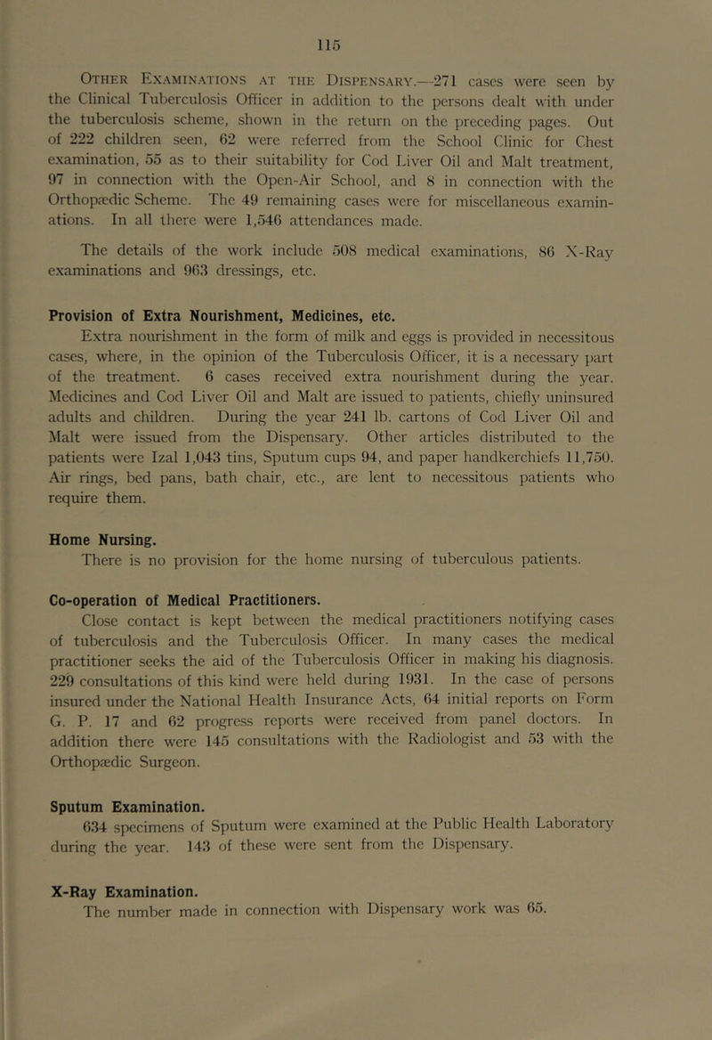 Other Examinations at the Dispensary.—271 cases were seen by the Clinical Tuberculosis Officer in addition to the persons dealt with under the tuberculosis scheme, shown in the return on the preceding pages. Out of 222 children seen, 62 were referred from the School Clinic for Chest examination, 55 as to their suitability for Cod Liver Oil and Malt treatment, 97 in connection with the Open-Air School, and 8 in connection with the Orthopiedic Scheme. The 49 remaining cases were for miscellaneous examin- ations. In all there were 1,546 attendances made. The details of the work include 508 medical examinations, 86 X-Ray examinations and 963 dressings, etc. Provision of Extra Nourishment, Medicines, etc. Extra nourishment in the form of milk and eggs is provided in necessitous cases, where, in the opinion of the Tuberculosis Officer, it is a necessary part of the treatment. 6 cases received extra nourishment during the year. Medicines and Cod Liver Oil and Malt are issued to patients, chiefly uninsured adults and children. During the year 241 lb. cartons of Cod Liver Oil and Malt were issued from the Dispensary. Other articles distributed to the patients were Izal 1,043 tins. Sputum cups 94, and paper handkerchiefs 11,750. Air rings, bed pans, bath chair, etc., are lent to necessitous patients who require them. Home Nursing. There is no provision for the home nursing of tuberculous patients. Co-operation of Medical Practitioners. Close contact is kept between the medical practitioners notifying cases of tuberculosis and the Tuberculosis Officer. In many cases the medical practitioner seeks the aid of the Tuberculosis Officer in making his diagnosis. 229 consultations of this kind were held during 1931. In the case of persons insured under the National Health Insurance Acts, 64 initial reports on Form G. P. 17 and 62 progress reports were received from panel doctors. In addition there were 145 consultations with the Radiologist and 53 with the Orthopiedic Surgeon. Sputum Examination. 6.34 specimens of Sputum were examined at the Public Health Laboratory during the year. 143 of these were sent from the Dispensary. X-Ray Examination. The number made in connection with Dispensary work was 65.