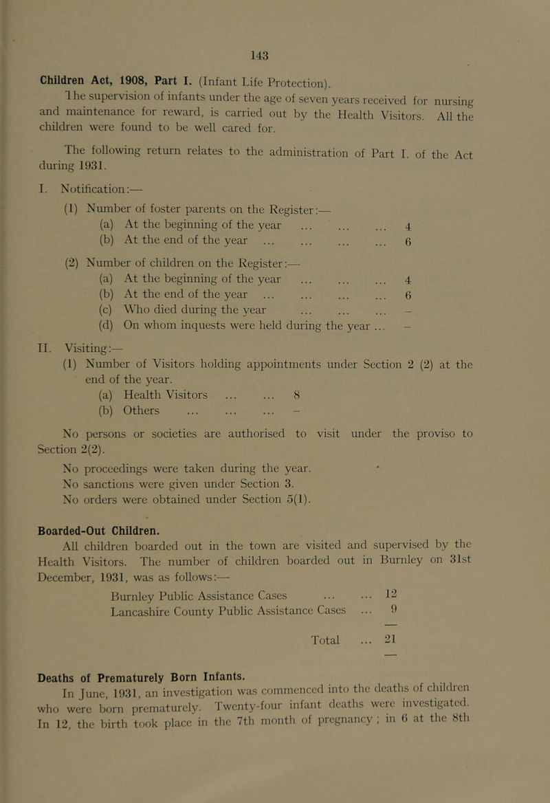 Children Act, 1908, Part I. (Infant Life Protection). Ihe supervision of infants under the age of seven years received for nursing and maintenance for reward, is carried out by the Health Visitors. All the children were found to be well cared for. The following return relates to the administration of Part I. of the Act during 1931. I. Notification:— (1) Number of foster parents on the Register:— (a) At the beginning of the year 4 (b) At the end of the year ... ... ... ... 6 (2) Number of children on the Register:— (a) At the beginning of the year ... ... ... 4 (b) At the end of the year ... ... ... ... 6 (c) Who died during the year ... ... ... - (d) On whom inquests were held during the year ... - II. Visiting:— (1) Number of Visitors holding appointments under Section 2 (2) at the end of the year. (a) Health Visitors ... ... 8 (b) Others ... ... ... - No persons or societies are authorised to visit under the proviso to Section 2(2). No proceedings were taken during the year. No sanctions were given under Section 3. No orders were obtained under Section 5(1). Boarded-Out Children. All children boarded out in the town are visited and supervised by the Health Visitors. The number of children boarded out in Burnley on 31st December, 1931, was as follows:— Burnley Public Assistance Cases 12 Lancashire County Public Assistance Cases ... 9 Total ... 21 Deaths of Prematurely Born Infants. In June 1931 an investigation was commenced into the deaths of children who were born prematurely. Twenty-four infant deaths were investigated. In 12, the birth took place in the 7th month of pregnancy ; in G at the Hth