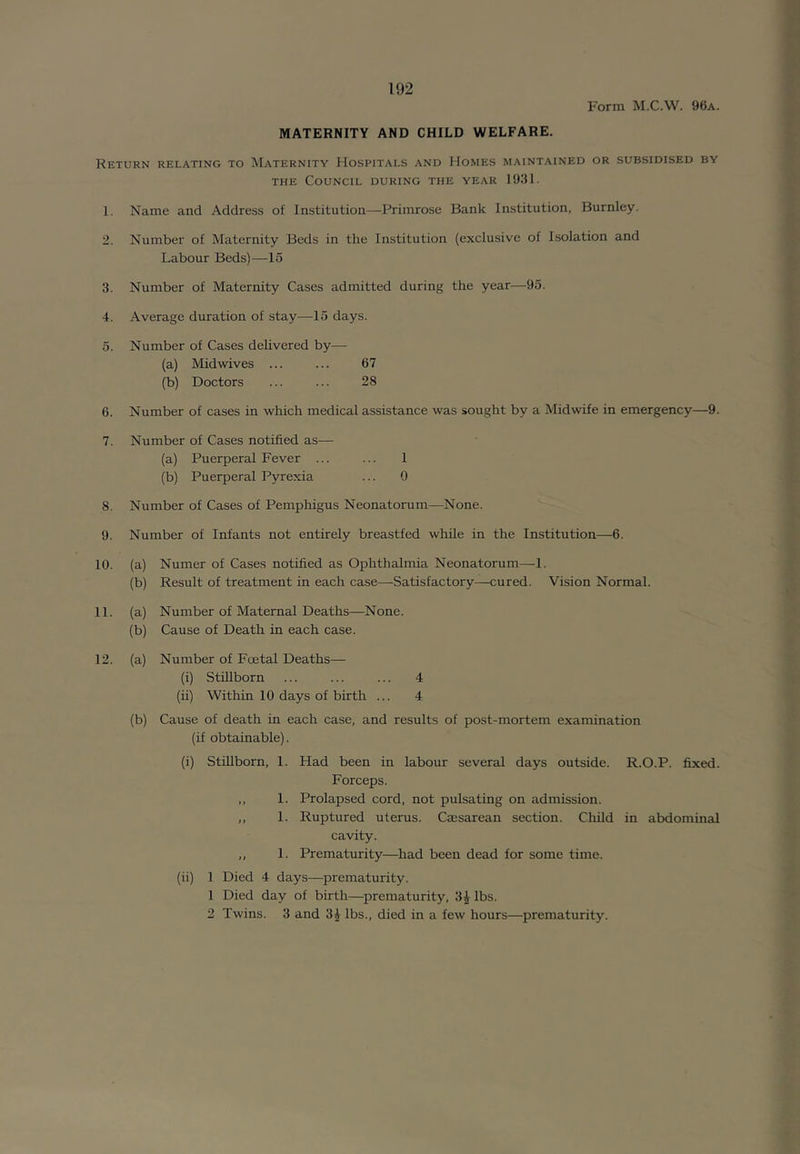 Form M.C.W. 96a. MATERNITY AND CHILD WELFARE. Return relating to Maternity Hospitals and Homes maintained or subsidised by THE Council during the year 1931. 1. Name and Address of Institution—Primrose Bank Institution, Burnley. 2. Number of Maternity Beds in the Institution (exclusive of Isolation and Labour Beds)—15 3. Number of Maternity Cases admitted during the year—95. 4. Average duration of stay—15 days. 5. Number of Cases delivered by— (a) Midwives ... ... 67 (b) Doctors ... ... 28 6. Number of cases in which medical assistance was sought by a Midwife in emergency—9. 7. Number of Cases notified as— (a) Puerperal Fever ... ... 1 (b) Puerperal Pyrexia ... 0 8. Number of Cases of Pemphigus Neonatorum—None. 9. Number of Infants not entirely breastfed while in the Institution—6. 10. (a) Numer of Cases notified as Ophthalmia Neonatorum—1. (b) Result of treatment in each case—Satisfactory—cured. Vision Normal. 11. (a) Number of Maternal Deaths—None. (b) Cause of Death in each case. 12. (a) Number of Foetal Deaths— (i) Stillborn ... ... ... 4 (ii) Within 10 days of birth ... 4 (b) Cause of death in each case, and results of post-mortem examination (if obtainable). (i) Stillborn, 1. Had been in labour several days outside. R.O.P. fixed. Forceps. ,, 1. Prolapsed cord, not pulsating on admission. „ 1. Ruptured uterus. Cajsarean section. Child in abdominal cavity. ,, 1. Prematurity—had been dead for some time. (ii) 1 Died 4 days—prematurity. 1 Died day of birth—prematurity, 3J lbs. 2 Twins. 3 and 3^ lbs., died in a few hours—prematurity.