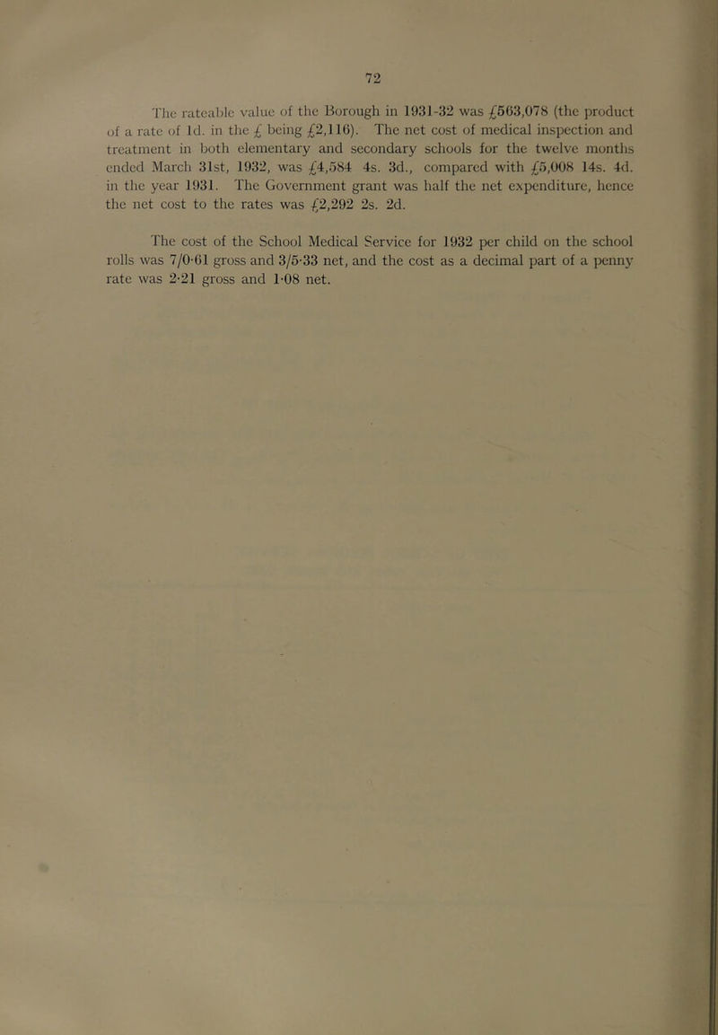 The ratcal)lc value of the Borough in 1931-32 was £503,078 (the product of a rate of Id. in the £ being £2,116). The net cost of medical inspection and treatment in both elementary and secondary schools for the twelve months ended March 31st, 1932, was £4,584 4s. 3d., compared with £5,008 14s. 4d. in the year 1931. The Government grant was half the net expenditure, hence the net cost to the rates was £2,292 2s. 2d. The cost of the School Medical Service for 1932 per child on the school rolls was 7/0-61 gross and 3/5-33 net, and the cost as a decimal part of a penny rate was 2-21 gross and 1-08 net.