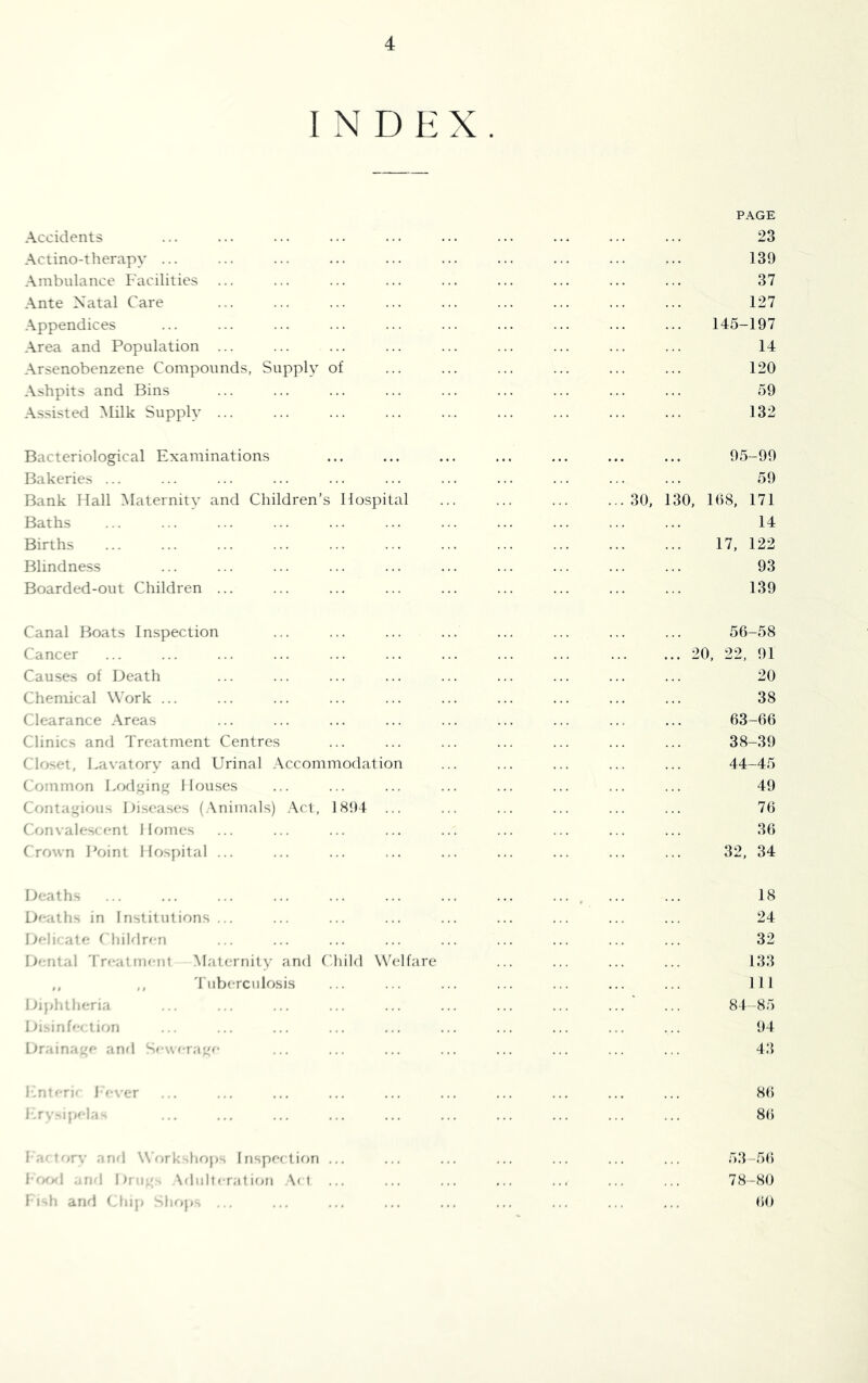 INDEX. Accidents Actino-therapy ... Ambulance Facilities ... Ante Natal Care Appendices Area and Population ... Arsenobenzene Compounds, Supply of A.'^hpits and Bins Assisted Milk Supply ... Bacteriological Examinations Bakeries ... Bank Mall Maternity and Children’s Hospital Baths Births Blindness Boarded-out Children ... PAGE 23 139 37 127 145-197 14 120 59 132 30, 95-99 59 130, 108, 171 14 17, 122 93 139 Canal Boats Inspection ... ... ... ... ... ... ... ... 56-58 Cancer ... ... ... ... ... ... ... ... ... ... ... 20, 22, 91 Causes of Death ... ... ... ... ... ... ... ... ... 20 Chemical Work ... ... ... ... ... ... ... ... ... ... 38 Clearance Areas ... ... ... ... ... ... ... ... ... 63-66 Clinics and Treatment Centres ... ... ... ... ... ... ... 38-39 Closet, Lavatory and Urinal .Accommodation ... ... ... ... ... 44-45 Common Lodging 1 louses ... ... ... ... ... ... ... ... 49 Contagious 1 diseases (.\nimals) .Act, 1894 ... ... ... ... ... ... 76 ('on\alesccnt Homes ... ... ... ... ... ... ... ... ... 36 Crown I Mint 1 lospital ... ... ... ... ... ... ... ... ... 32, 34 Deaths Deaths in Institutions ... Deluale Childr<-n Dental 'Irfatim-ni Maternity and ,, ,, 'luberciilosis Diphtheria Disinf'-etion I .drainage and S<-ufragf hild Wt Hare 18 24 32 133 111 84-85 94 43 lintf-rp I>-ver ... ... ... ... ... ... ... ... ... ... 86 I-.rV'ip^-la^ ... ... ... ... ... ... ... ... ... ... 86 l aMorv anrl WVjrkshops Inspeition ... ... ... ... ... ... ... 53-56 ,,rid Drug-, \fliiH<ration Am ... ... ... ... ... ... ... 78-80 li^h and Cliip 'shops ... ... ... ... ... ... ... ... ... 60