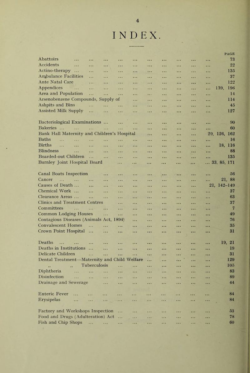 INDEX. PAGE Abattoirs ... ... ... ... ... ... ... ... ... ... 73 Accidents ... ... ... ... ... ... ... ... ... ... 22 Actino-therapy ... ... ... ... ... ... ... ... ... ... 135 An^bulance Facilities ... ... ... ... ... ... ... ... ... 37 Ante Natal Care ... ... ... ... ... ... ... ... ... 122 Appendices ... ... ... ... ... ... ... ... ... ... 130, 19(5 Area and Population ... ... ... ... ... ... ... ... ... 1-1 Arsenobenzene Compounds, Supply of ... ... ... ... ... ... 114 Ashpits and Bins ... ... ... ... ... ... ... ... ... 45 Assisted Milk Supply ... ... ... ... ... ... ... ... ... 127 Bacteriological Examinations ... ... ... ... ... ... ... ... 90 Bakeries ... ... ... ... ... ... ... ... ... ... ... 60 Bank Hall Maternity and Children’s Hospital ... ... ... ... 29, 126, 162 Baths ... ... ... ... ... ... ... ... ... ... ... 16 Births 18, 116 Blindness ... ... ... ... ... ... ... ... ... ... 88 Boarded-out Children ... ... ... ... ... ... ... ... ... 135 Burnley Joint Hospital Board ... ... ... ... ... ... ... 33, 85, 171 Canal Boats Inspection ... ... ... ... ... ... ... ... 56 Cancer ... ... ... ... ... ... ... ... ... ... ... 21, 88 Causes of Death ... ... ... ... ... ... ... ... ... 21, 142-149 Chemical Work ... ... ... ... ... ... ... ... ... ... 37 Clearance Areas ... ... ... ... ... ... ... ... ... ... 63 Clinics and Treatment Centres ... ... ... ... ... ... ... 37 Committees ... ... ... ... ... ... ... ... ... ... 7 Common Lodging Houses ... ... ... ... ... ... ... ... 49 Contagious Diseases (Animals Act, 1894) ... ... ... ... ... ... 76 Convalescent Homes ... ... ... ... ... ... ... ... ... 35 Crown Point Hospital ... ... ... ... ... ... ... ... ... 31 Deaths ... ... ... ... ... ... ... ... ... ... ... 19, 21 Deaths in Institutions ... ... ... ... ... ... ... ... ... 19 Delicate Children ... ... ... ... ... ... ... ... ... 31 Dental Treatment—Maternity and Child Welfare ... ... ... ' ... ... 129 ,, ,, Tuberculo.sis ... ... ... ... ... ... ... 105 Diphtheria ... ... ... ... ... ... ... ... ... ... 83 DLsinfection ... ... ... ... ... ... ... ... ... ... 89 Drainage and Sewerage ... ... ... ... ... ... ... ... 44 Enteric Fever ... ... ... ... ... ... ... ... ... ... 84 Erysipelas ... ... ... ... ... ... ... ... ... ... 84 Factory and Workshops Inspection ... ... ... ... ... ... ... 53 Food and Drugs (Adulteration) .Act ... ... ... ... ... ... ... 78 Fish and Chip Shops ... ... ... ... ... ... ... ... ... 60