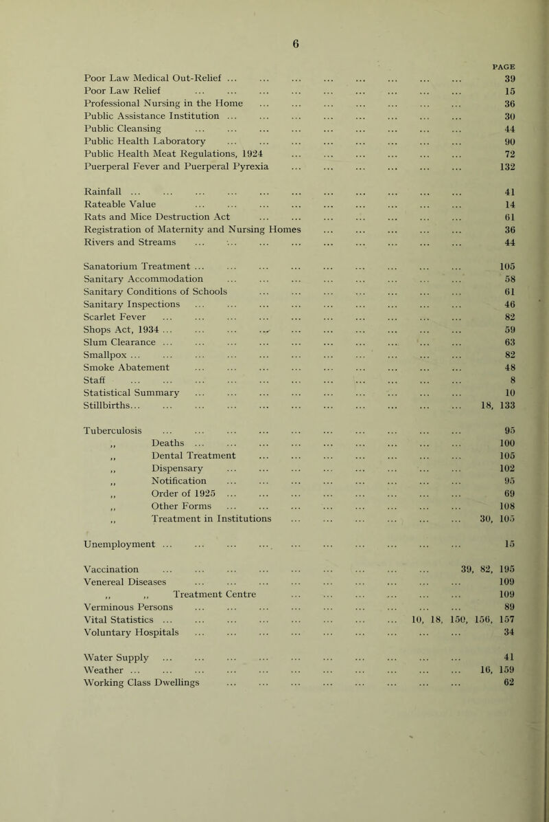 PAGE Poor Law Medical Out-Relief ... ... ... ... ... ... ... ... 39 Poor Law Relief ... ... ... ... ... ... ... ... ... 15 Professional Nursing in the Home ... ... ... ... ... ... ... 36 Public Assistance Institution ... ... ... ... ... ... ... ... 30 Public Cleansing ... ... ... ... ... ... ... ... ... 44 Public Health Laboratory ... ... ... ... ... ... ... ... 90 Public Health Meat Regulations, 1924 ... ... ... ... ... ... 72 Puerperal Fever and Puerperal Pyrexia ... ... ... ... ... ... 132 Rainfall ... ... ... ... ... ... ... ... ... ... ... 41 Rateable Value ... ... ... ... ... ... ... ... ... 14 Rats and Mice Destruction Act ... ... ... ... ... ... ... 61 Registration of Maternity and Nursing Homes ... ... ... ... ... 36 Rivers and Streams ... ... ... ... ... ... ... ... ... 44 Sanatorium Treatment ... ... ... ... ... ... ... ... ... 105 Sanitary Accommodation ... ... ... ... ... ... ... ... 58 Sanitary Conditions of Schools ... ... ... ... ... ... ... 61 Sanitary Inspections ... ... ... ... ... ... ... ... ... 46 Scarlet Fever ... ... ... ... ... ... ... ... ... ... 82 Shops Act, 1934... ... ... ..^ ... ... ... ... ... ... 59 Slum Clearance ... ... ... ... ... ... ... ... ... ... 63 Smallpox ... ... ... ... ... ... ... ... ... ... ... 82 Smoke Abatement ... ... ... ... ... ... ... ... ... 48 Staff ... ... ... ... ... ... ... ... ... ... ... 8 Statistical Summary ... ... ... ... ... ... ... ... ... 10 Stillbirths... ... ... ... ... ... ... ... ... ... ... 18, 133 Tuberculosis ... ... ... ... ... ... ... ... ... ... 95 ,, Deaths ... ... ... ... ... ... ... ... ... 100 ,, Dental Treatment ... ... ... ... ... ... ... 105 ,, Dispensary ... ... ... ... ... ... ... ... 102 ,, Notification ... ... ... ... ... ... ... ... 95 ,, Order of 1925 ... ... ... ... ... ... ... ... 69 ,, Other Forms ... ... ... ... ... ... ... ... 108 ,, Treatment in Institutions ... ... ... ... ... ... 30, 105 Unemployment ... ... ... ... ... ... ... ... ... ... 15 Vaccination Venereal Diseases ,, ,, Treatment Centre Verminous Persons Vital Statistics ... Voluntary Hospitals 39, 82, 1C 18, 150, 156, 195 109 109 89 157 34 Water Supply Weather ... Working Class Dwellings 41 16, 159 62