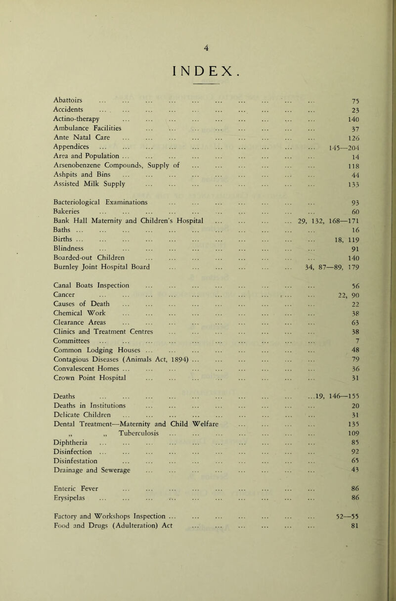 INDEX. Abattoirs ... ... ... ... ... ... ... ... ... ... 75 Accidents ... ... ... .. ... ... ... ... ... 23 Actino-therapy ... ... ... ... ... ... ... ... ... 140 Ambulance Facilities ... ... .. ... ... ... ... ... 37 Ante Natal Care ... ... ... ... ... ... ... ... ... 126 Appendices ... ... ... ... ... ... ... ... ... ... i.i5—204 Area and Population ... ... ... ... ... ... ... ... .. 14 Arsenobenzene Compounds, Supply of ... ... ... ... ... ... ns Ashpits and Bins ... ... ... ... ... ... ... ... ... 44 Assisted Milk Supply ... ... ... ... ... ... ... ... 133 Bacteriological Examinations Bakeries Bank Hall Maternity and Children Baths ... Births ... Blindness Boarded-out Children Burnley Joint Hospital Board Hospi tal 93 60 29, 32, 168—171 16 18, 119 91 140 34, 87—89, 179 Canal Boats Inspection Cancer Causes of Death Chemical Work Clearance Areas Clinics and Treatment Centres Committees Common Lodging Houses Contagious Diseases (Animals Convalescent Homes ... Crown Point Hospital Act, 894) 56 22, 90 22 38 63 38 7 48 79 36 31 Deaths ... ... ... ... ... ... ... ... ... ...19, 146—155 Deaths in Institutions ... ... ... ... ... ... ... ... 20 Delicate Children ... ... ... ... ... ... ... ... ... 31 Dental Treatment—Maternity and Child Welfare ... ... ... ... 135 „ „ Tuberculosis ... ... ... ... ... ... ... 109 Diphtheria ... ... ... ... ... ... ... ... ... ... 85 Disinfection ... ... ... ... ... ... ... ... ... ... 92 Disinfestation ... ... ... ... ... ... ... ... ... 65 Drainage and Sewerage ... ... ... ... ... ... ... ... 43 Enteric Fever ... ... ... ... ... ... ... ... ... 86 Erysipelas ... ... ... ... ... ... ... ... ... ... 86 Factory and Workshops Inspection ... ... ... ... ... ... ... 52—^55 Food and Drugs (Adulteration) Act ... ... ... ... ... ... 81