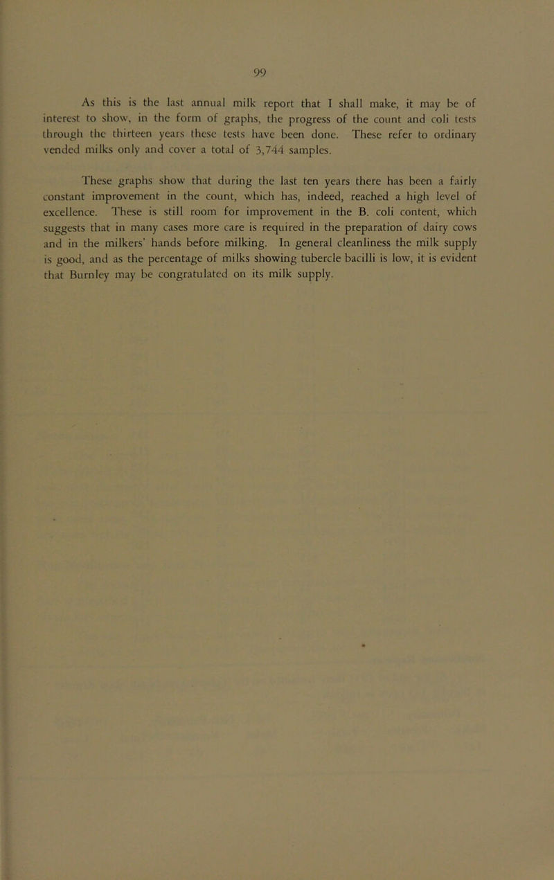 As this is the last annual milk report that I shall make, it may be of interest to show, in the form of graphs, the progress of the count and coli tests through the thirteen years these tests have been done. These refer to ordinar)- vended milks only and cover a total of 3,744 samples. These graphs show that during the last ten years there has been a fairly constant improvement in the count, which has, indeed, reached a high level of excellence. These is still room for improvement in the B. coli content, which suggests that in many cases more care is required in the preparation of dairy cows and in the milkers’ hands before milking. In general cleanliness the milk supply is good, and as the percentage of milks showing tubercle bacilli is low, it is evident that Burnley may be congratulated on its milk supply.