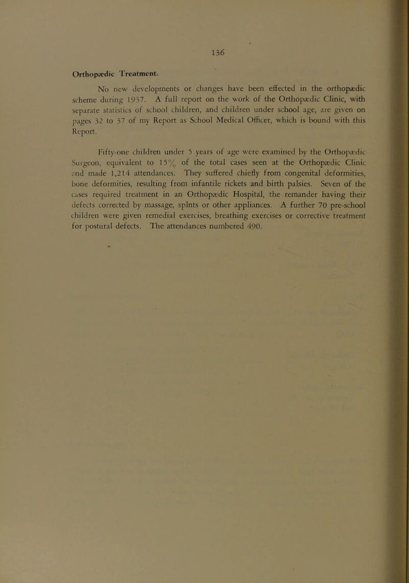 Orthopwdic Treatment. No new developments or changes have been effected in the orthopaedic scheme during 1937. A full report on the work of the Orthopaedic Clinic, with separate statistics of school children, and children under school age, are given on pages 32 to 37 of my Report as School Medical Officer, which is bound with this Report. Fifty-one children under 5 years of age were examined by the Orthop.adic Surgeon, equivalent to 15% of the total cases seen at the Orthopaedic Clinic and made I,2l4 attendances. They suffered chiefly from congenital deformities, bone deformities, resulting from infantile rickets and birth palsies. Seven of the cases required treatment in an Orthopaedic Hospital, the remander having their defects corrected by massage, splnts or other appliances. A further 70 pre-school children were given remedial exercises, breathing exercises or corrective treatment for postural defects. The attendances numbered 490.