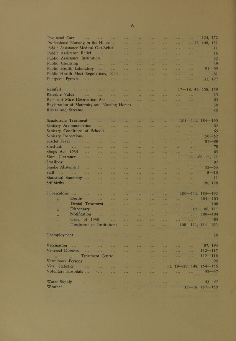 Post-natal Care ... ... ... ... ... ... ... ... ... 124, 172 Professional Nursing in the Home .. ... ... ... ... ... ...37, 108, 132 Public Assistance Medical Out-Relief ... ... ... ... ... ... 41 Public Assistance Relief ... ... ... ... ... ... ... ... 16 Public Assistance Institution ... ... ... ... ... ... ... 32 Public Cleansing ... ... ... ... ... ... ... ... ... 49 Public Health Laboratory ... ... ... ... ... ... ... ... 95—99 Public Health Meat Regulations, 1924 ... .. ... ... ... ... 81 Puerperal Pyrexia ... ... ... ... ... ... ... ... ... 33, 127 Rainfall 17—18, 43, 158, 159 Rateable Value ... ... ... ... .. ... ... ... ... 15 Rats and Mice Destruction Act ... ... ... ... ... ... ... 65 Registration of Maternity and Nursing Homes ... ... ... ... ... 38 Rivers and Streams ... ... ... ... ... ... ... ... ... 48 Sanatorium Treatment Sanitary Accommodation Sanitary Conditions of Schools Sanitary Inspections ... Scarlet Fever ... Shell-fish Shops Act, 1934 Slum Clearance Smallpox Smoke Abatement Staff Statistical Summary ... Stillbirths 108—111, 184—190 62 65 50—52 87—88 78 63 67—68, 71, 72 87 52—53 8—10 11 20, 128 T uberculosis Deaths >> Dental Treatment Dispensary Notification »> Order of 1938 >> Treatment in Institutions 100—111, 183—192 104—105 108 105—108, 111 100—104 83 108—111, 184—190 Unemployment 16 Vaccination ... ... ... Venereal Diseases „ „ Treatment Centre Verminous Persons ... Viral Statistics Voluntary Hospitals ... 87, 193 112—117 112—116 95 11, 19—29, 148, 154—156 35—37 Water Supply Weather 43—47 17—18, 157—159