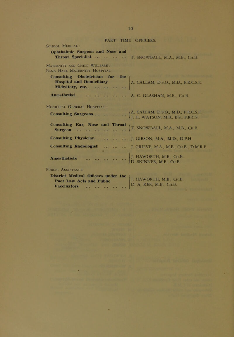 PART TIME OFFICERS. School Medical : Ophthalmic Surgeon and Nose and Throat Specialist T. SNOWBALL, M.A., M B., Ch.B Maternity and Child Welfare : Bank Hall Maternity Hospital: Consulting Obstetrician for the ] Hospital and Domiciliary A. CALLAM, D.S.O., M.D., F.R.C.S.E. Midwifery, etc j Anaesthetist A. C. GLASHAN, M.B., Ch.B. Municipal General Hospital : A. CALLAM, D.S.O., M.D., F.R.C.S.E. J. H. WATSON, M.B., B.S., F.R.C.S. Consulting Surgeons ... T. SNOWBALL, M.A., M.B., Ch.B. Consulting Physician j. GIBSON, M.A., M.D., D.P.H. Consulting Radiologist j. GRIEVE, M.A., M.B., Ch.B., D.M.R.E. Anaesthetists J. HAWORTH, M.B., Ch.B. D. SKINNER, M.B., Ch.B. Public Assistance : District Medical Officers under the ] Poor Law Acts and Public i Vaccinators J. HAWORTH, M.B., Ch.B. D. A. KER, M.B., Ch.B.