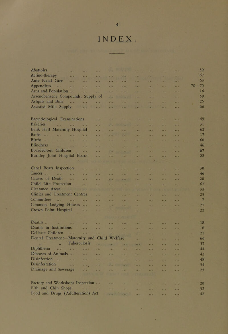 INDEX. Abattoirs ... ... ... ... ... ... ... ... ... ... 39 Actino-therapy ... ... ... ... ... ... ... ... ... 67 Ante Natal Care ... ... ... ... ... ... ... ... ... 63 Appendices ... ... ... ... ... ... ... ... ... ... 70—75 Area and Population ... ... ... ... ... ... ... ... ... 16 Arsenobenzene Compounds, Supply of ... ... ... ... ... ... 59 Ashpits and Bins ... ... ... ... ... ... ... ... ... 25 Assisted Milk Supply ... ... ... ... ... ... ... ... 66 Bacteriological Examinations ... ... .. ... ... ... ... 49 Bakeries ... ... ... ... ... ... ... ... ... ... 31 Bank Hall Maternity Hospital ... ... ... ... ... ... ... 62 Baths ... ... ... ... ... ... ... ... ... ... ... 17 Births ... ... ... ... ... ... ... ... ... ... ... 60 Blindness ... ... ... ... ... ... ... ... ... ... 46 Boarded-out Children ... ... .. ... ... ... ... 67 Burnley Joint Hospital Board ... ... ... ... ... ... ... 22 Canal Boats Inspection ... ... ... ... ... ... ... ... 30 Cancer... ... ... ... ... ... ... ... ... ... ... 46 Causes of Death ... ... ... ... ... ... ... ... ... 20 Child Life Protection ... ... ... ... ... ... ... ... 67 Clearance Areas ... ... ... ... ... ... ... ... ... 33 Clinics and Treatment Centres ... ... ... ... ... ... ... 23 Committees ... ... ... ... ... ... ... ... ... ... 7 Common Lodging Houses ... ... .. ... ... ... ... ... 27 Crown Point Hospital ... ... ... ... ... ... ... ... 22 Deaths... ... ... ... ... ... ... ... ... ... ... 18 Deaths in Institutions ... ... ... ... ... ... ... ... 18 Delicate Children ... ... ... ... ... ... ... ... ... 22 Dental Treatment—Maternity and Child Welfare ... ... ... ... 66 „ „ Tuberculosis ... ... ... ... ... ... ... 57 Diphtheria ... ... — ... ... ... ... ... ... ... 44 Diseases of Animals ... ... ... ... ... ... ... ... ... 43 Disinfection ... ... ... ... ... ... ... ... ... ... 48 Disinfestation ... ..._ ... ... ... ... ... ... ... 34 Drainage and Sewerage ... ... ... ... ... ... ... ... 25 Factory and Workshops Inspection ... ... ... ... ... ... ... 29 Fish and Chip Shops ... ... ... .. ... ... ... ... 32 Food and Drugs (Adulteration) Act ... ... ... ... ... ... 42