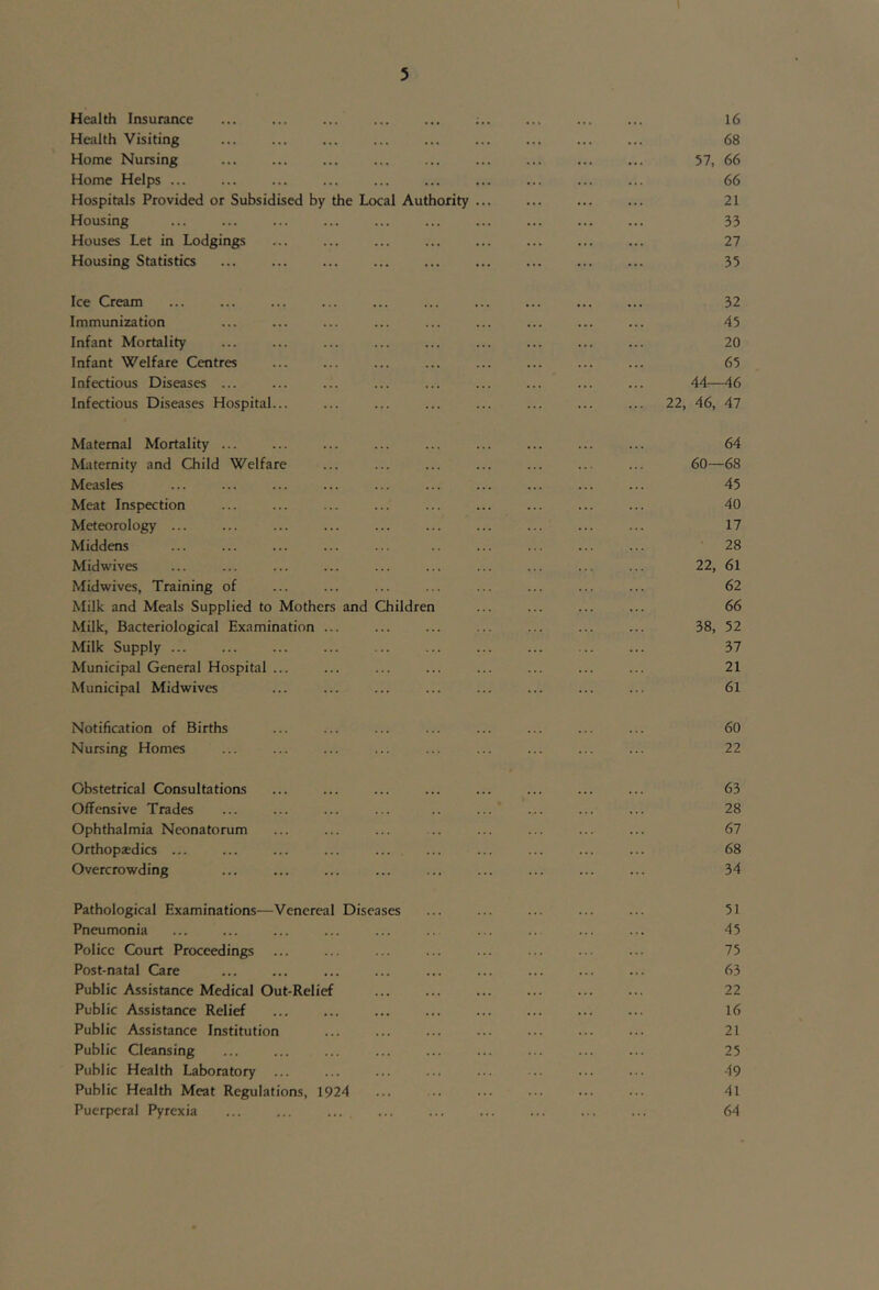 Health Insurance ... ... ... ... ... ;.. ... ... ... 16 Health Visiting ... ... ... ... ... ... ... ... ... 68 Home Nursing ... ... ... ... ... ... ... ... ... 57, 66 Home Helps ... ... ... ... ... ... ... ... ... ... 66 Hospitals Provided or Subsidised by the Local Authority ... ... ... ... 21 Housing ... ... ... ... ... ... ... ... ... ... 33 Houses Let in Lodgings ... ... ... ... ... ... ... ... 27 Housing Statistics ... ... ... ... ... ... ... ... ... 35 Ice Cream ... ... ... ... ... ... ... ... ... ... 32 Immunization ... ... ... ... ... ... ... ... ... 45 Infant Mortality ... ... ... ... ... ... ... ... ... 20 Infant Welfare Centres ... ... ... ... ... ... ... ... 65 Infectious Diseases ... ... ... ... ... ... ... ... ... 44—46 Infectious Diseases Hospital... ... ... ... ... ... ... ... 22, 46, 47 Maternal Mortality ... ... ... ... ... ... ... ... ... 64 Maternity and Child Welfare ... ... ... ... ... ... ... 60—68 Measles ... ... ... ... ... ... ... ... ... ... 45 Meat Inspection ... ... ... ... ... ... ... ... ... 40 Meteorology ... ... ... ... ... ... ... ... ... ... 17 Middens ... ... ... ... ... .. ... ... ... ... 28 Midwives ... ... ... ... ... ... ... ... ... ... 22, 6l Midwives, Training of ... ... ... ... ... ... ... ... 62 Milk and Meals Supplied to Mothers and Children ... ... ... ... 66 Milk, Bacteriological Examination ... ... ... ... ... ... ... 38, 52 Milk Supply ... ... ... ... ... ... ... ... ... ... 37 Municipal General Hospital ... ... ... ... ... ... ... ... 21 Municipal Midwives ... ... ... ... ... ... ... ... 61 Notification of Births ... ... ... ... ... ... ... ... 60 Nursing Homes ... ... ... ... ... ... ... ... ... 22 Obstetrical Consultations ... ... ... ... ... ... ... ... 63 Offensive Trades ... ... ... ... .. ... ... ... ... 28 Ophthalmia Neonatorum ... ... ... ... ... ... ... ... 67 Orthopaedics ... ... ... ... ... ... ... ... ... ... 68 Overcrowding ... ... ... ... ... ... ... ... ... 34 Pathological Examinations—Venereal Diseases ... ... ... ... ... 51 Pneumonia ... ... ... ... ... .. ... .. ... ... 45 Police Court Proceedings ... ... ... ... ... ... ... ... 75 Post-natal Care ... ... ... ... ... ... ... ... ... 63 Public Assistance Medical Out-Relief ... ... ... ... ... ... 22 Public Assistance Relief ... ... ... ... ... ... ... ... 16 Public Assistance Institution ... ... ... ... ... ... ... 21 Public Cleansing ... ... ... ... ... ... ... ... ... 25 Public Health Laboratory ... ... ... ... ... ... ... ... 49 Public Health Meat Regulations, 1924 ... ... ... ... ... ... 41 Puerperal Pyrexia ... ... .... ... ... ... ... ... ... 64