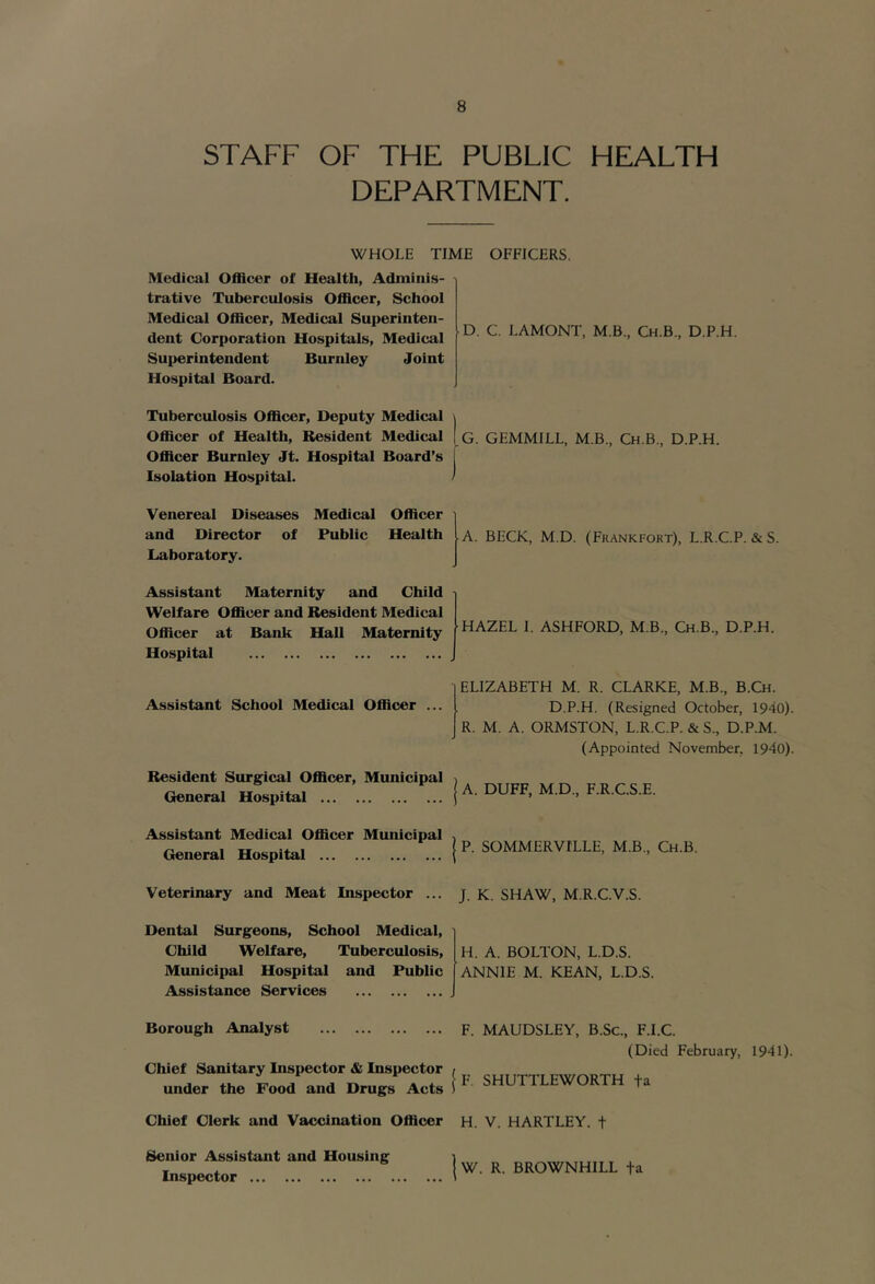 STAFF OF THE PUBLIC HEALTH DEPARTMENT. WHOLE TIME OFFICERS. Medical Officer of Health, Adminis- trative Tuberculosis Officer, School Medical Officer, Medical Superinteii- deiit Corporation Hospitals, Medical Superintendent Burnley Joint Hospital Board. Tuberculosis Officer, Deputy Medical Officer of Health, Resident Medical Officer Burnley Jt. Hospital Board’s Isolation Hospital. Venereal Diseases Medical Officer and Director of Public Health Laboratory. Assistant Maternity and Child Welfare Officer and Resident Medical Officer at Bank Hall Maternity Hospital Assistant School Medical Officer ... Resident Surgical Officer, Municipal General Hospital Assistant Medical Officer Municipal General Hospital Veterinary and Meat Inspector ... Dental Surgeons, School Medical, Child Welfare, Tuberculosis, Municipal Hospital and Public Assistance Services Borough Analyst Chief Sanitary Inspector & Inspector under the Food and Drugs Acts Chief Clerk and Vaccination Officer Senior Assistant and Housing Inspector D. C. LAMONT, M.B., Ch.B., D.P.H. I G. GEMMILL, M.B., Ch.B.. D.P.H. ) A. BECK, M.D. (Frankfort), L.R.C.P. &S. HAZEL I. ASHFORD, M.B., Ch.B., D.P.H. I ELIZABETH M. R. CLARKE, M.B., B.Ch. i D.P.H. (Resigned October, 1940). J R. M. A. ORMSTON, L.R.C.P. & S., D.P.M. (Appointed November, 1940). j A. DUFF, M.D., F.R.C.S.E. I P. SOMMERVILLE, M.B., Ch.B. J. K. SHAW, M.R.C.V.S. H. A. BOLTON, L.D.S. ANNIE M. KEAN, L.D.S. F. MAUDSLEY, B.Sc., F.I.C. (Died February, 1941). Jf. SHUTTLEWORTH fa H. V. HARTLEY, t jw. R. BROWNHILL fa