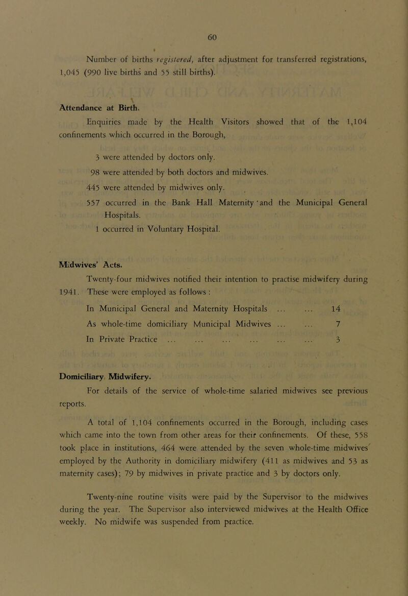 Number of births regislered, after adjustment for transferred registrations, 1,045 (990 live births and 55 still births). Attendance at Birth. Enquiries made by the Health Visitors showed that of the 1,104 confinements which occurred in the Borough, 3 were attended by doctors only. 98 were attended by both doctors and midwives. 445 were attended by midwives only. 557 occurred in the Bank Hall Maternity' and the Municipal General Hospitals. 1 occurred in Voluntary Hospital. MMwives’ Acts. Twenty-four midwives notified their intention to practise midwifery during 1941. These were employed as follows : In Municipal General and Maternity Hospitals ... ... 14 As whole-time domiciliary Municipal Midwives ... ... 7 In Private Practice ... ... ... ... ... ... 3 Domiciliary Midwifery. For details of the service of whole-time salaried midwives see previous reports. A total of 1,104 confinements occurred in the Borough, including cases which came into the town from other areas for their confinements. Of these, 558 took place in institutions, 464 were attended by the seven whole-time midwives' employed by the Authority in domiciliary midwifery (411 as midwives and 53 as maternity cases); 79 by midwives in private practice and 3 by doctors only. Twenty-nine routine visits were paid by the Supervisor to the midwives during the year. The Supervisor also interviewed midwives at the Health Office weekly. No midwife was suspended from practice.