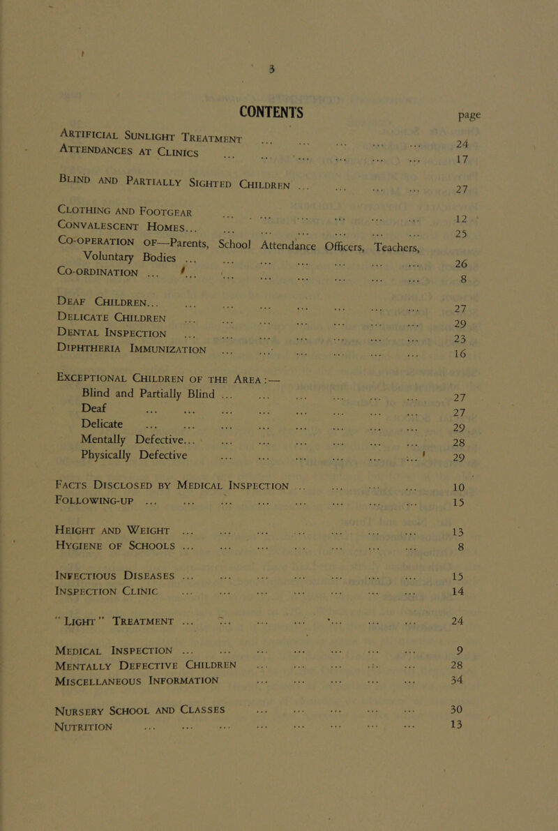 t 3 CONTENTS Artificial Sunlight Trlatmfnt Attendances at Clinics Blind and Partially Sighted Children Clothing and Footgear Convalescent Homes... Co-operation of—Parents, Voluntary Bodies ... Co-ordination ... . School Attendance Officers, Teachers, Deaf Children Delicate Children Dental Inspection Diphtheria Immunization Exceptional Children of the Area :— Blind and Partially Blind ... Deaf Delicate Mentally Defective... Physically Defective page 24 17 27 12 25 26 8 27 29 23 16 27 27 29 28 29 Facts Disclosed by Medical Inspection ... Following-up 10 15 Height and Weight ... Hygiene of Schools ... 13 8 Infectious Diseases ... Inspection Clinic 15 14 Light” Treatment ... 24 Medical Inspection Mentally Defective Children Miscellaneous Information 9 28 34 Nursery School and Classes Nutrition 30 13