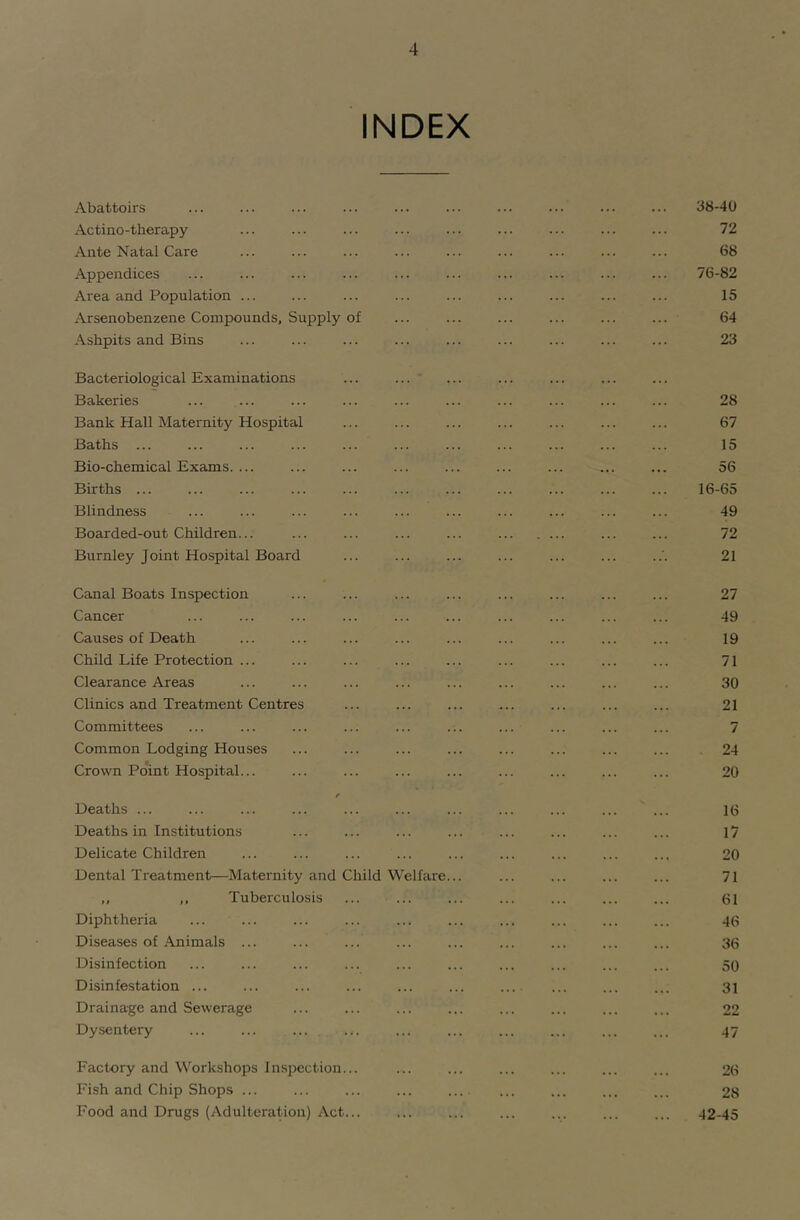 INDEX Abattoirs ... ... ... ... ... ... ... ... ... ... 38-40 Actino-therapy ... ... ... ... ... ... ... ... ... 72 Ante Natal Care ... ... ... ... ... ... ... ... ... 68 Appendices ... ... ... ... ... ... ... ... ... ... 76-82 Area and Population ... ... ... ... ... ... ... ... ... 15 Arsenobenzene Compounds, Supply of ... ... ... ... ... ... 64 Ashpits and Bins ... ... ... ... ... ... ... ... ... 23 Bacteriological Examinations ... ... Bakeries ... ... ... ... ... ... ... ... ... ... 28 Bank Hall Maternity Hospital ... ... ... ... ... ... ... 67 Baths ... ... ... ... ... ... ... ... ... ... ... 15 Bio-chemical Exams. ... ... ... ... ... ... ... ... ... 56 Births ... ... ... ... ... ... ... ... ... ... ... 16-65 Blindness ... ... ... ... ... ... ... ... ... ... 49 Boarded-out Children... ... ... ... ... ... ... 72 Burnley Joint Hospital Board ... ... ... ... ... ... 21 Canal Boats Inspection ... ... ... ... ... ... ... ... 27 Cancer ... ... ... ... ... ... ... ... ... ... 49 Causes of Death ... ... ... ... ... ... ... ... ... 19 Child Life Protection ... ... ... ... ... ... ... ... ... 71 Clearance Areas ... ... ... ... ... ... ... ... ... 30 Clinics and Treatment Centres ... ... ... ... ... ... ... 21 Committees ... ... ... ... ... ... ... ... ... ... 7 Common Lodging Houses ... ... ... ... ... ... ... ... 24 Crown Point Hospital... ... ... ... ... ... ... ... ... 20 / Deaths ... ... ... ... ... ... ... ... ... ... ... 16 Deaths in Institutions ... ... ... ... ... ... ... ... 17 Delicate Children ... ... ... ... ... ... ... ... ... 20 Dental Treatment—Maternity and Child Welfare... ... ... ... ... 71 ,, ,, Tuberculosis ... ... ... ... ... ... ... CSI Diphtheria ... ... ... ... ... ... ... ... ... ... 48 Diseases of Animals ... ... ... ... ... ... ... ... ... 36 Disinfection ... ... ... ... ... ... ... ... ... ... 50 Disinfestation ... ... ... ... ... ... ... ... 31 Drainage and Sewerage ... ... ... ... ... ... ... ... 22 Dysentery ... ... ... ... ... ... ... ... ... ... 47 Factory and Workshops Inspection... ... ... ... ... ... ... 26 Fish and Chip Shops ... ... ... ... ... ... ... 28 Food and Drugs (Adulteration) Act... ... ... ... ... ... ... 42-45