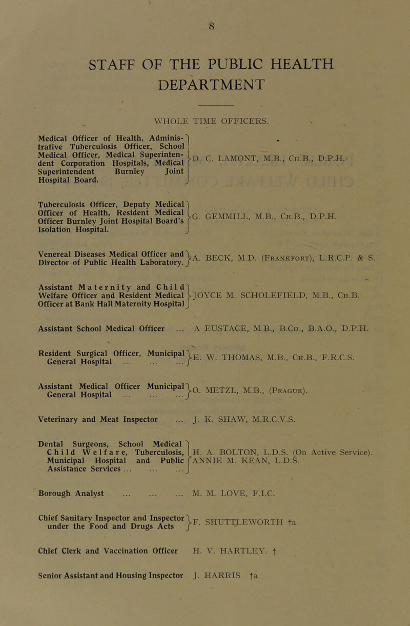 STAFF OF THE PUBLIC HEALTH DEPARTMENT WHOLE TIME OFFICERS. Medical Officer of Health, Adminis-I trative Tuberculosis Officer, School ] Medical Officer, Medical Superinten- dent Corporation Hospitals, Medical f Superintendent Burnley Joint Hospital Board. Tuberculosis Officer, Deputy Medical' Officer of Health, Resident Medical Officer Burnley Joint Hospital Board’s Isolation Hospital. Venereal Diseases Medical Officer andT ^ Director of Public Health Laboratory./ C. LAMONT, M.B., Ch.B., D.P.H. BECK, M.D. (Frankfort), L.R.C.P. & S. ^G. GEMMILL, M.B., Ch.B., D.P.H. Assistant Maternity and Child'] Welfare Officer and Resident Medical )► JOYCE M. SCHOLEFIELD, M.B., Ch.B. Officer at Bank Hall Maternity Hospital J Assistant School Medical Officer ... A EUSTACE, M.B., B.Ch., B.A.O., D.P.H. ^^^Gwi^al^HSpRal^^^**^^*^’ j>E. W. THOMAS, M.B., Ch.B., F.R.C.S. Assistant Medical Officer MunicipaH,-, T\,rT7T''7T T\,r General Hospital ^ETZL, M.B., (Prague). Veterinary and Meat Inspector ... J. K. SHAW, M.R.C.V.S. Dental Surgeons, School Medical '1 Child Welfare, Tuberculosis, Ih. A. BOLTON, L.D.S. (On Active Service). Municipal Hospital and Public fANNIE M. KEAN, L.D.S. Assistance Services ... ... ... Borough Analyst ... ... ... M. M. LOVE, F.I.C. SHUTTLKWORTH ta Chief Clerk and Vaccination Officer H. V. H.VRTLEY. f Senior Assistant and Housing Inspector J. HARRIS J*'’'